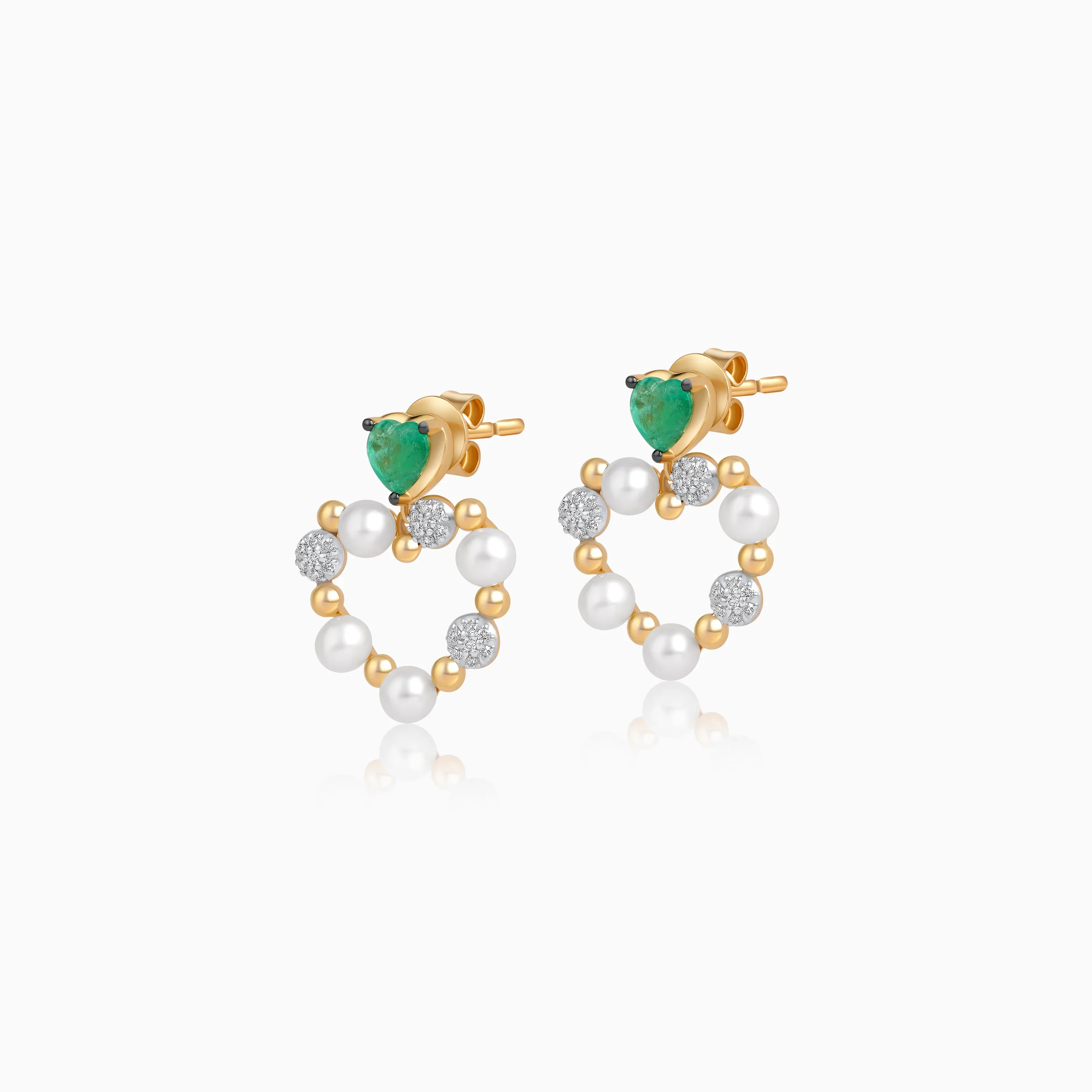 18k Yellow Gold Heart-Shaped Earrings Decorated with Pearls, Natural Diamond and Natural Emerald Stones | Danah Collection - Image 2