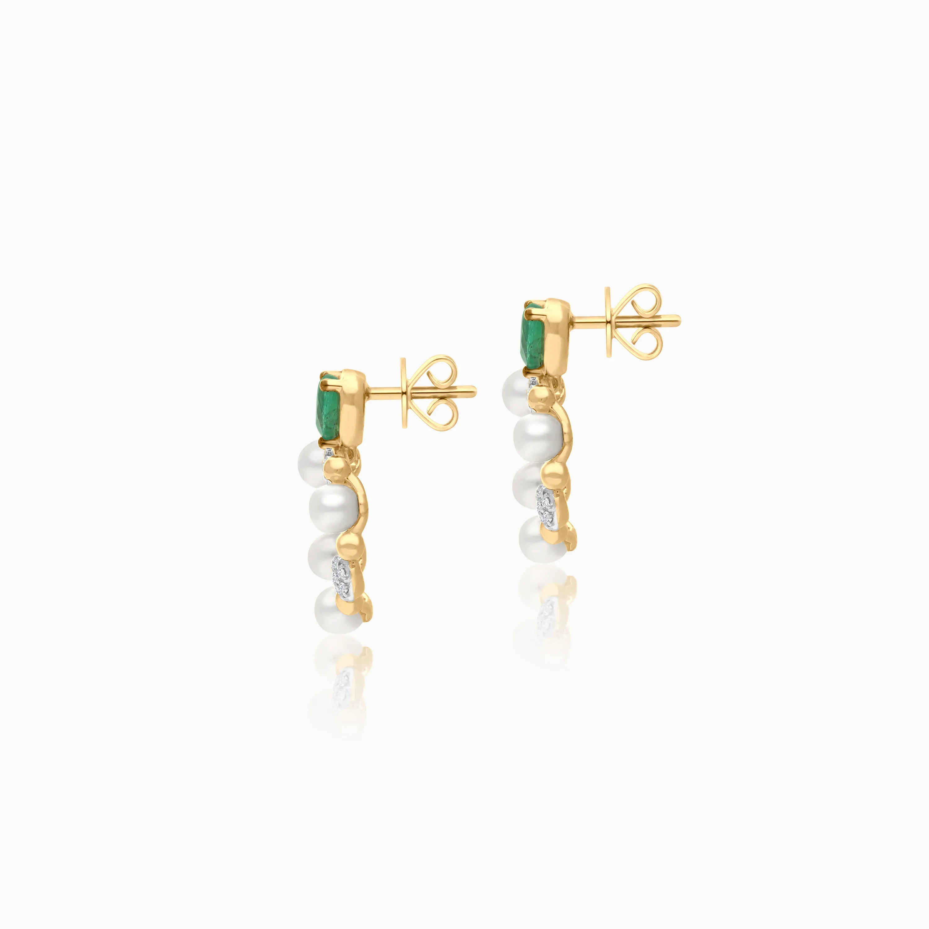 18k Yellow Gold Heart-Shaped Earrings Decorated with Pearls, Natural Diamond and Natural Emerald Stones | Danah Collection - Image 3