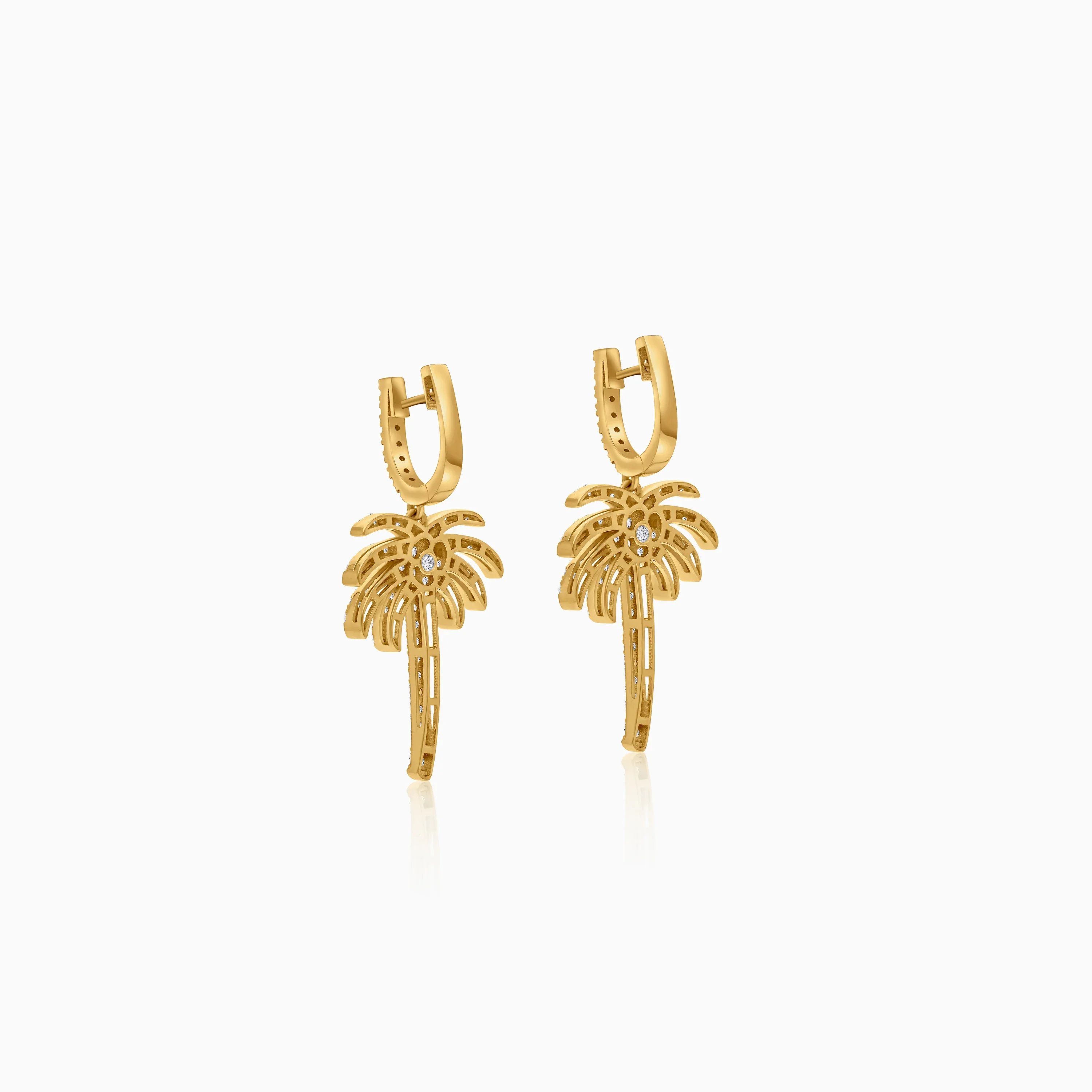 18K Yellow Gold Hoop Earrings with Dangling Palm Tree-Shaped Design Decorated with Natural Diamond | Al Nakhla Collection - Image 3