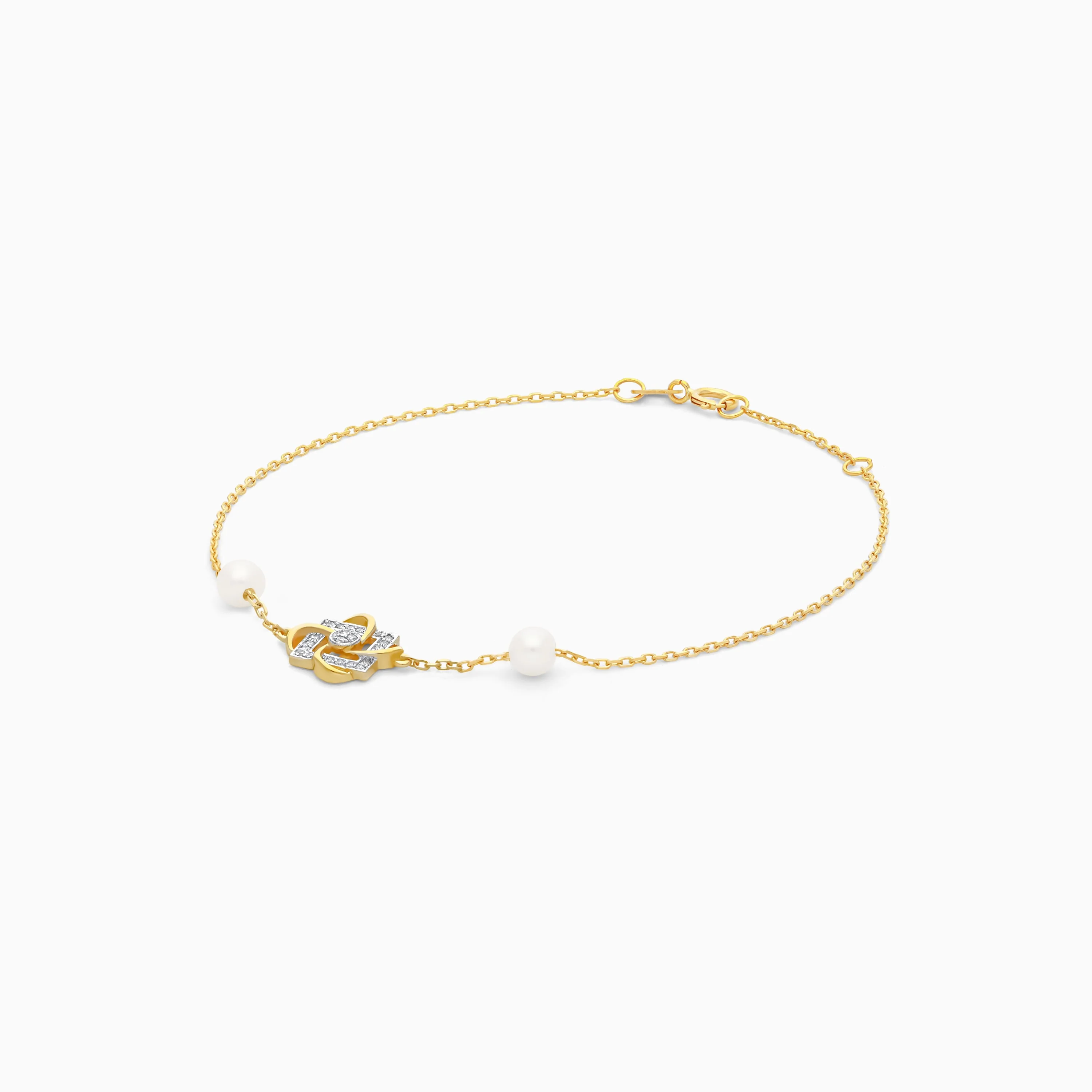 18K Yellow Gold Interlocking Square Diamond and Twin Pearl Bracelet - Danah Diamond Collection - Image 4