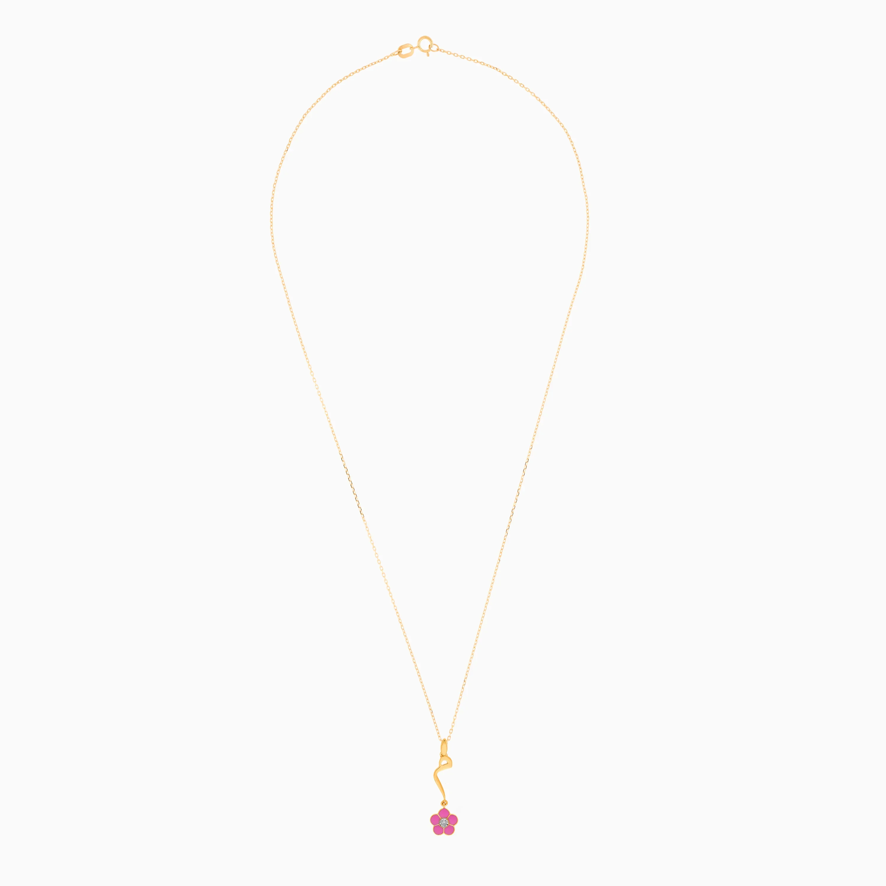 18k Yellow Gold Kids Necklace – ‘Mem’ Lettering with Pink Flower & Natural Diamond | Horoufi Kids Collection - Image 2