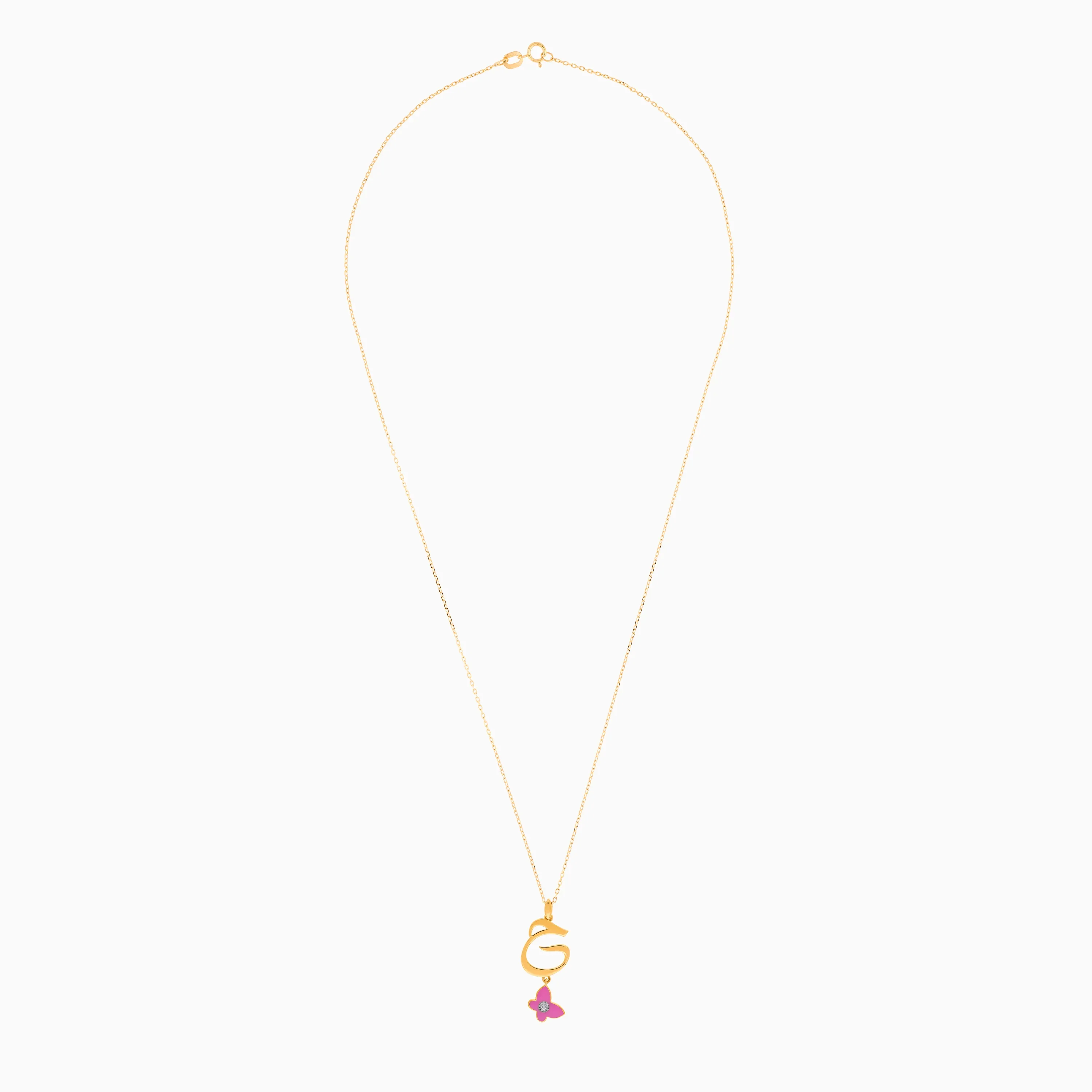 18k Yellow Gold Kids Necklace with 'Haa' Letter, Pink Enamel Butterfly & Natural Diamond | Horoufi Kids Collection - Image 2