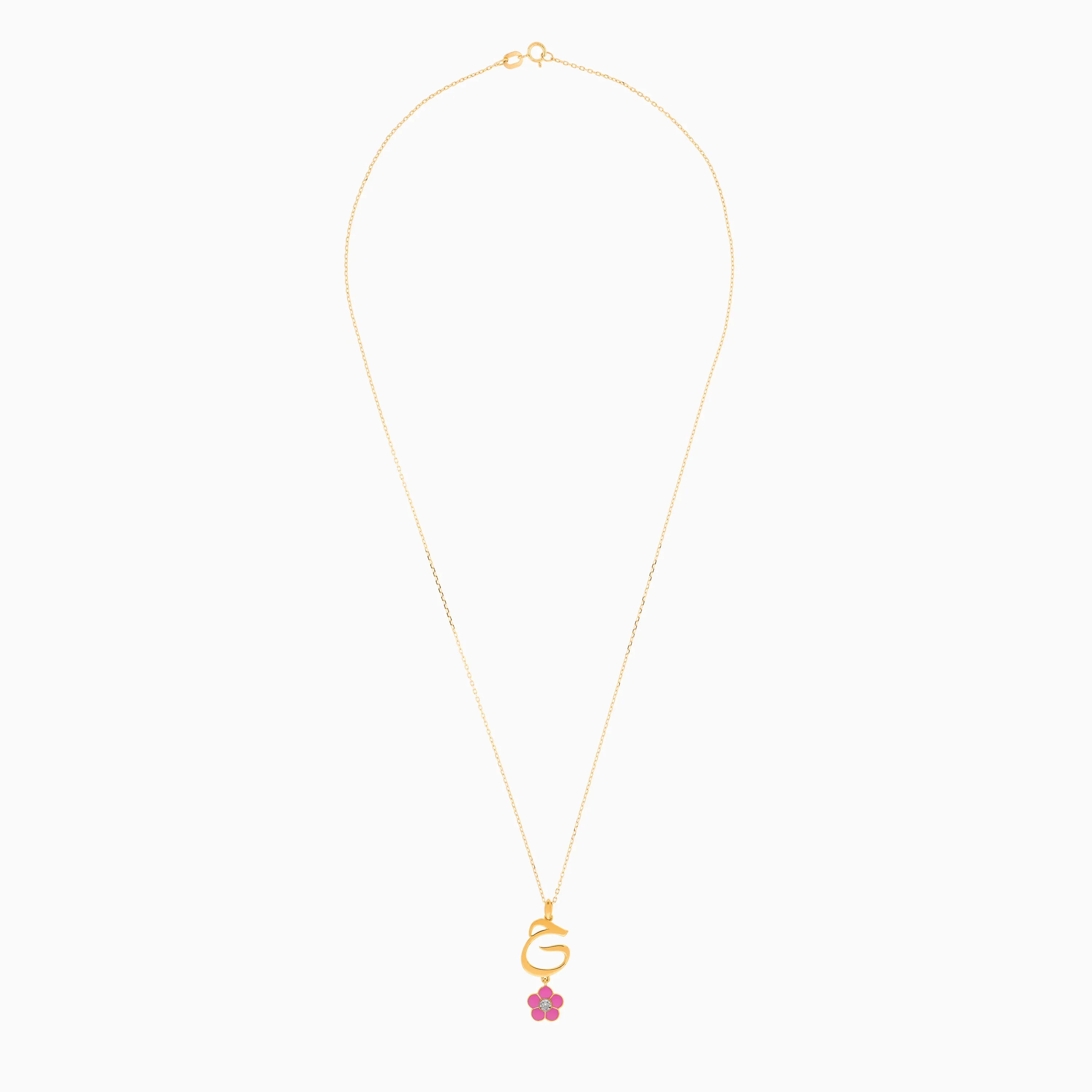 18k Yellow Gold Kids Necklace with ‘Haa’ Letter, Pink Enamel Flower & Natural Diamond | Horoufi Kids Collection - Image 2