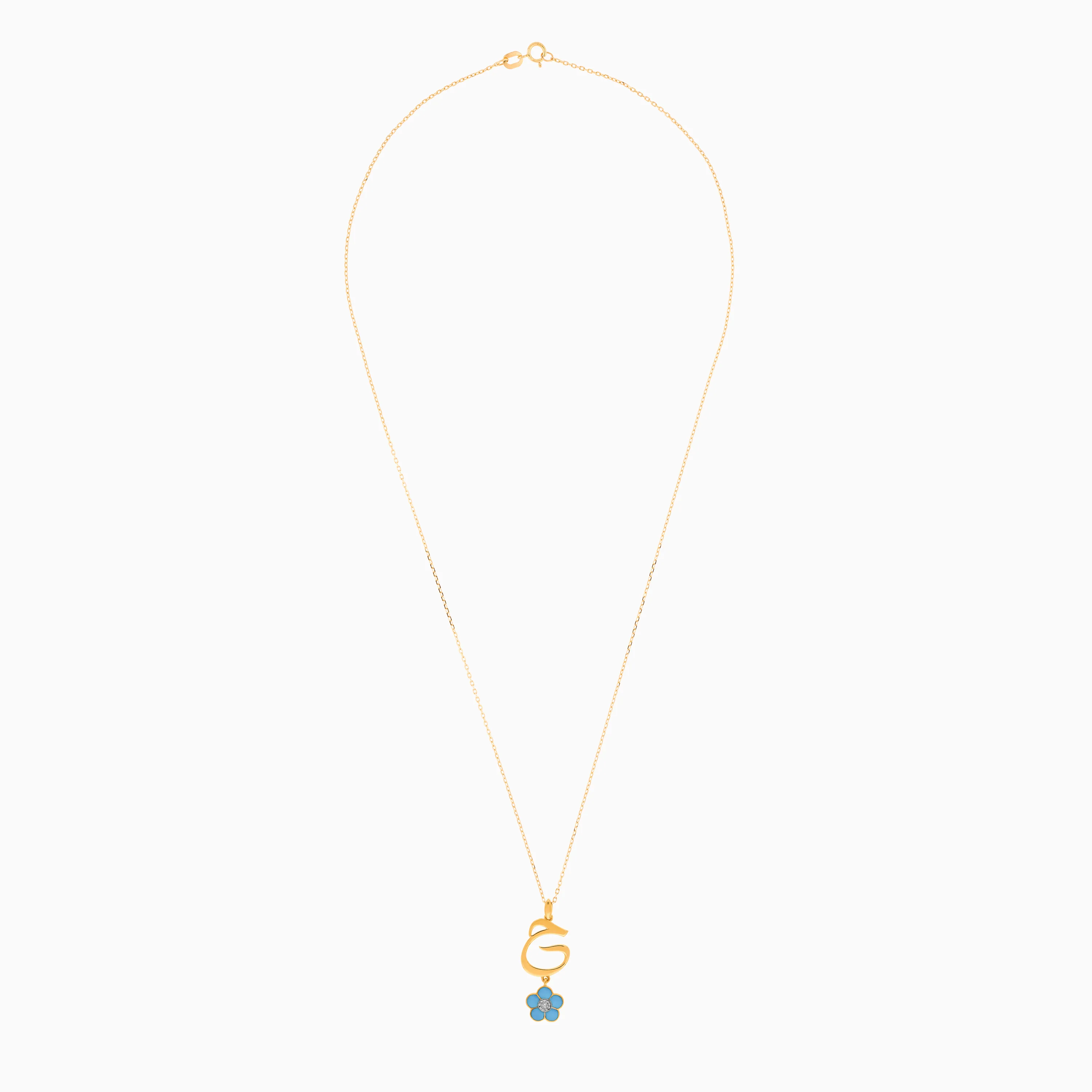 18K Yellow Gold Kids Necklace – Letter ‘Haa’ with Turquoise Enamel Flower & Natural Diamond | Horoufi Kids Collection - Image 2