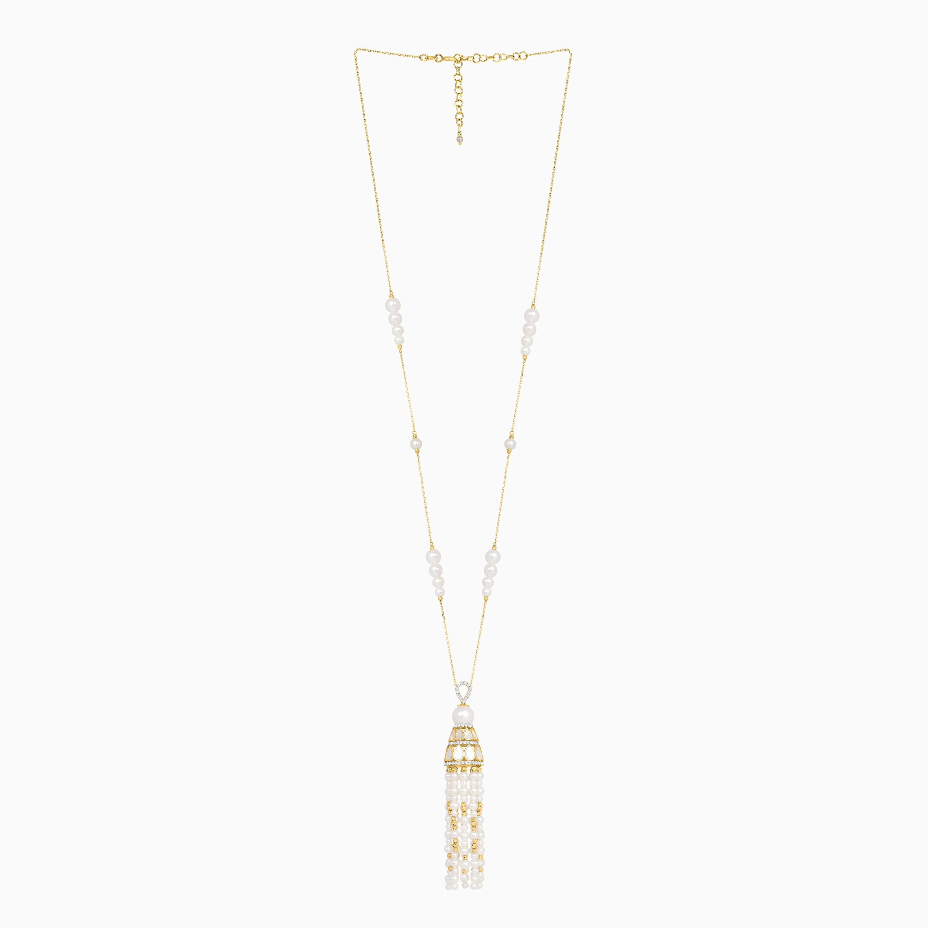 18k Yellow Gold Long Necklace with Natural Diamonds and Pearls | Danah Diamond Collection - Image 3