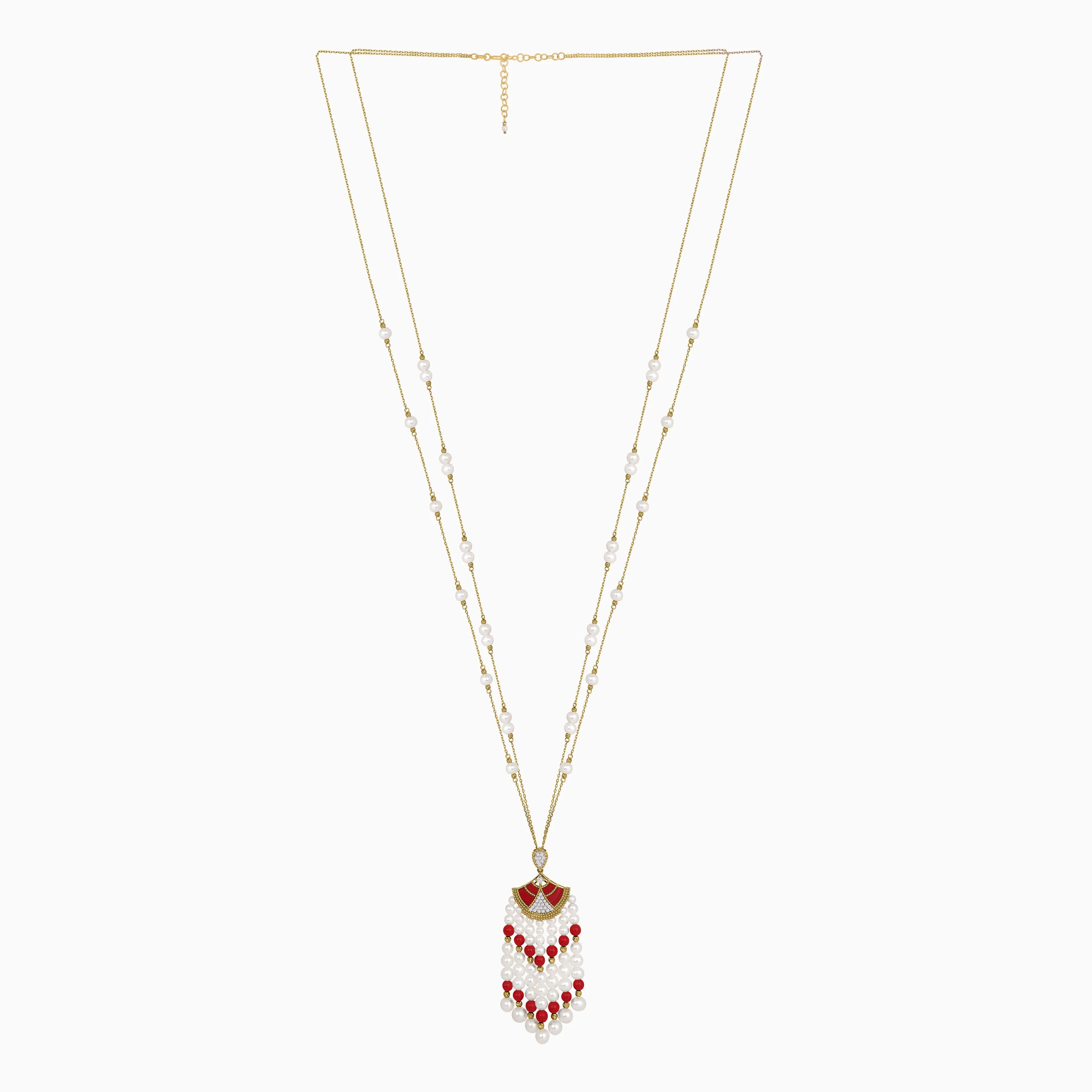 18K Yellow Gold Long Pearl Necklace with Natural Diamond and Coral Stones - Image 3