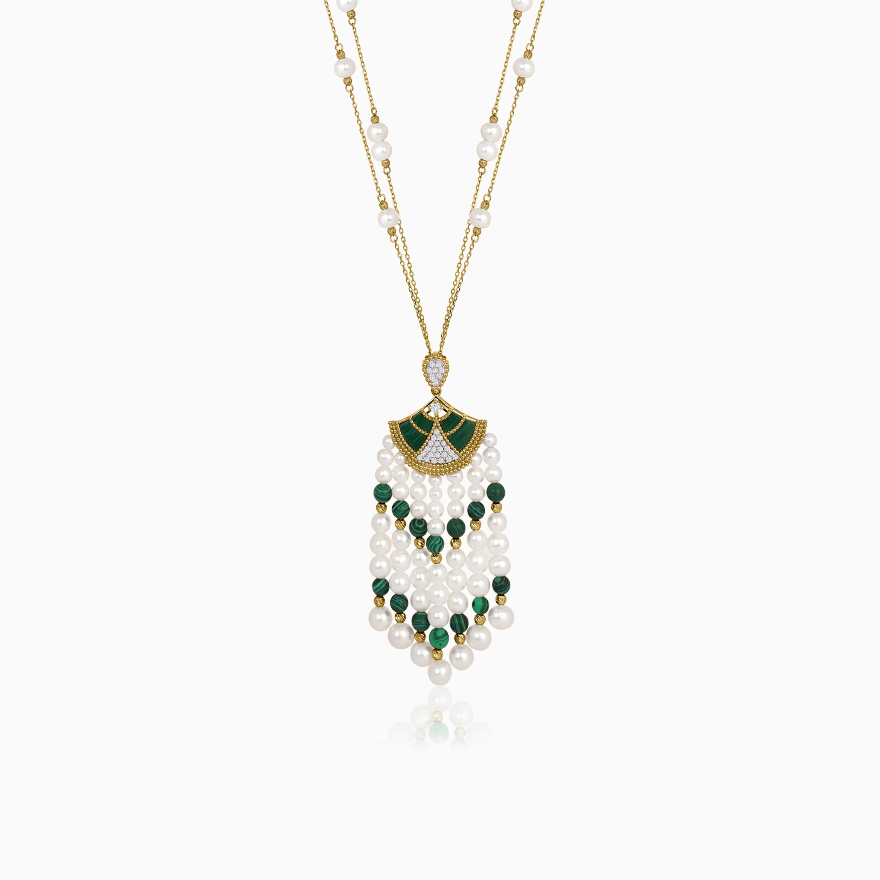 18K Yellow Gold Long Pearl Necklace with Natural Diamond and Malachite Stones - Image 3