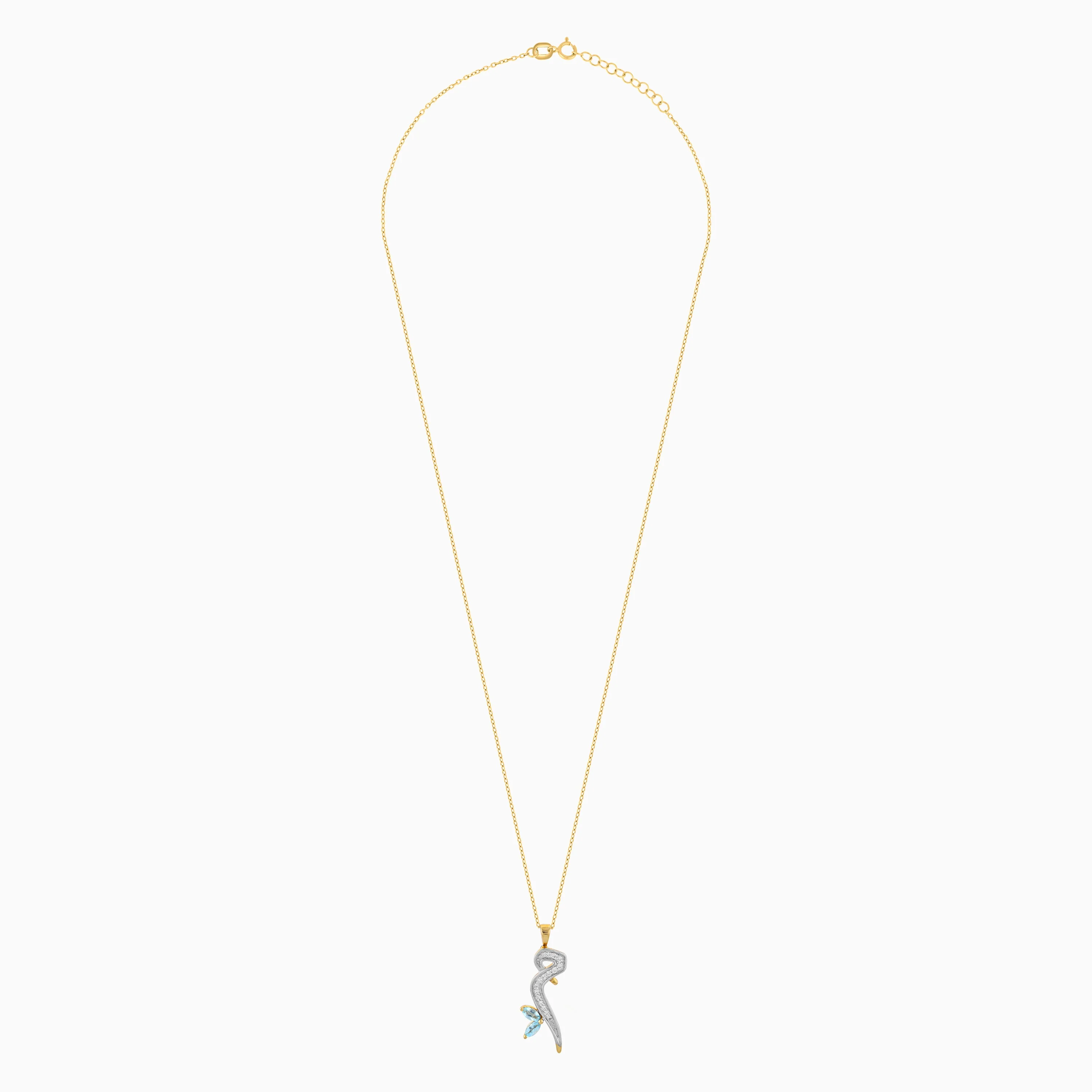 18K Yellow Gold ‘Meem’ Arabic Letter Necklace with Natural Diamond & Blue Topaz | Horoufi Diamond Collection - Image 3