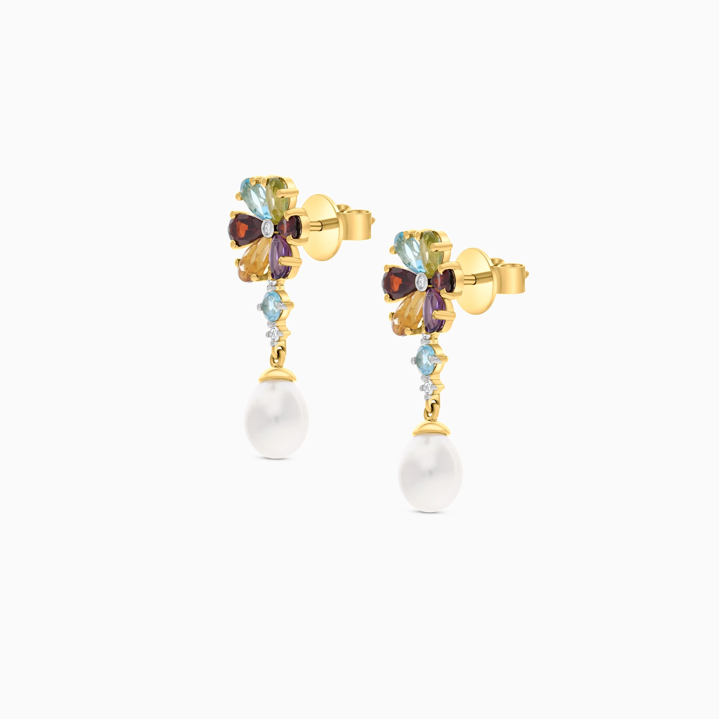 18K Yellow Gold Multicolored Gemstone, Diamond and Pearl Flower Dangle Earrings - Danah Diamond Collection - Image 3