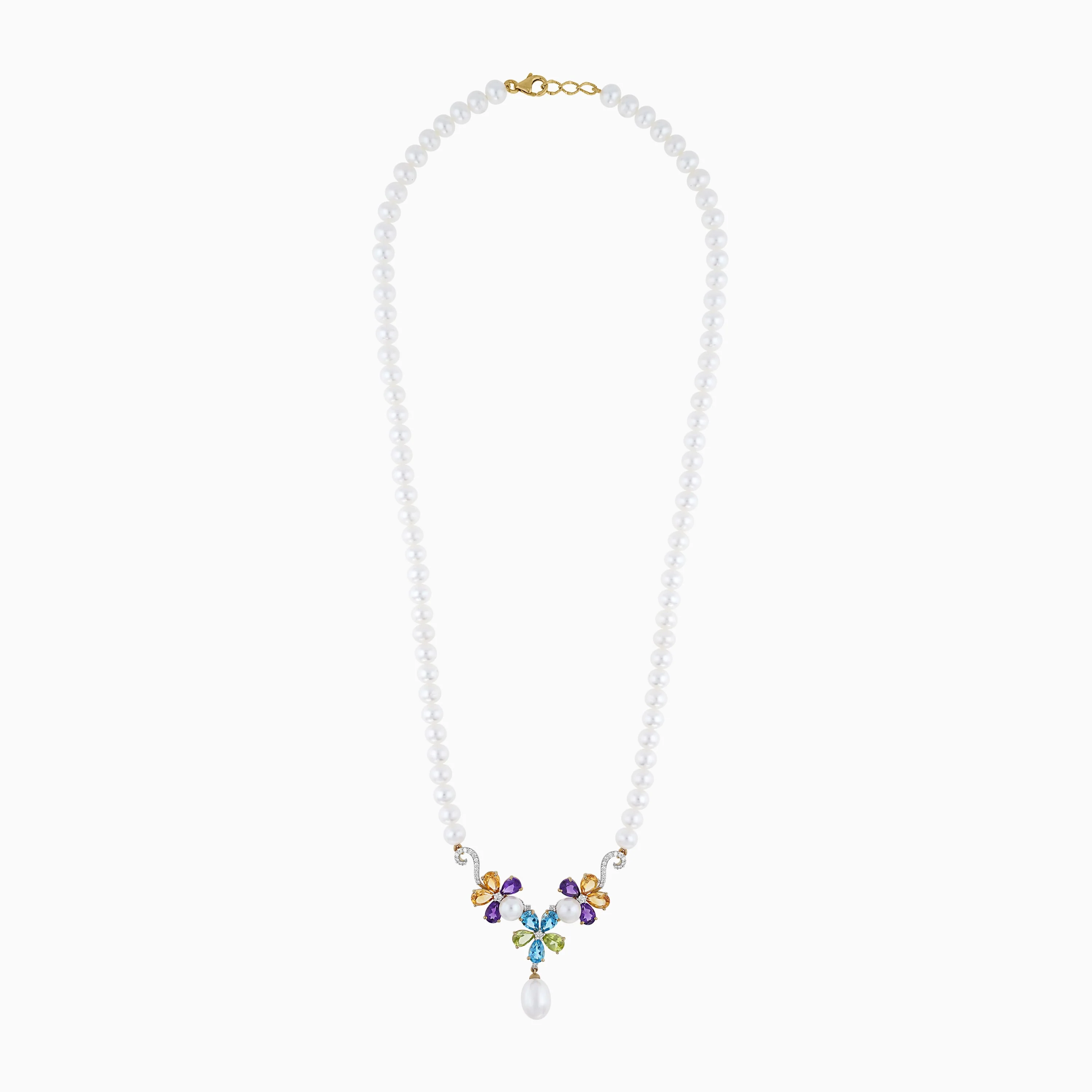 18K Yellow Gold Multicolored Gemstone, Diamond and Pearl Strand Flower Necklace - Danah Diamond Collection - Image 2
