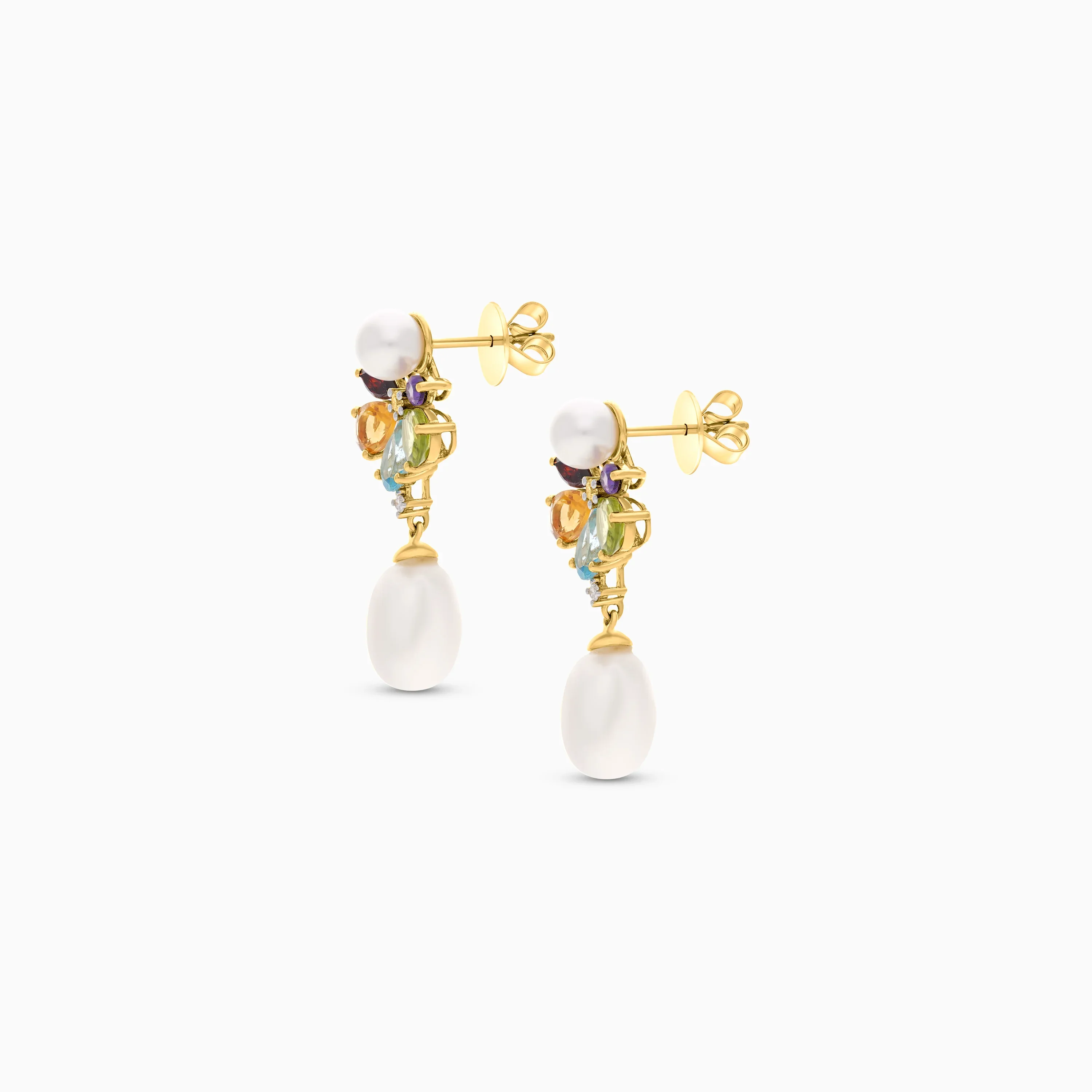 18K Yellow Gold Multicolored Gemstone Flower Dangle Earrings with Natural Diamonds and Pearl Drops - Danah Diamond Collection - Image 3