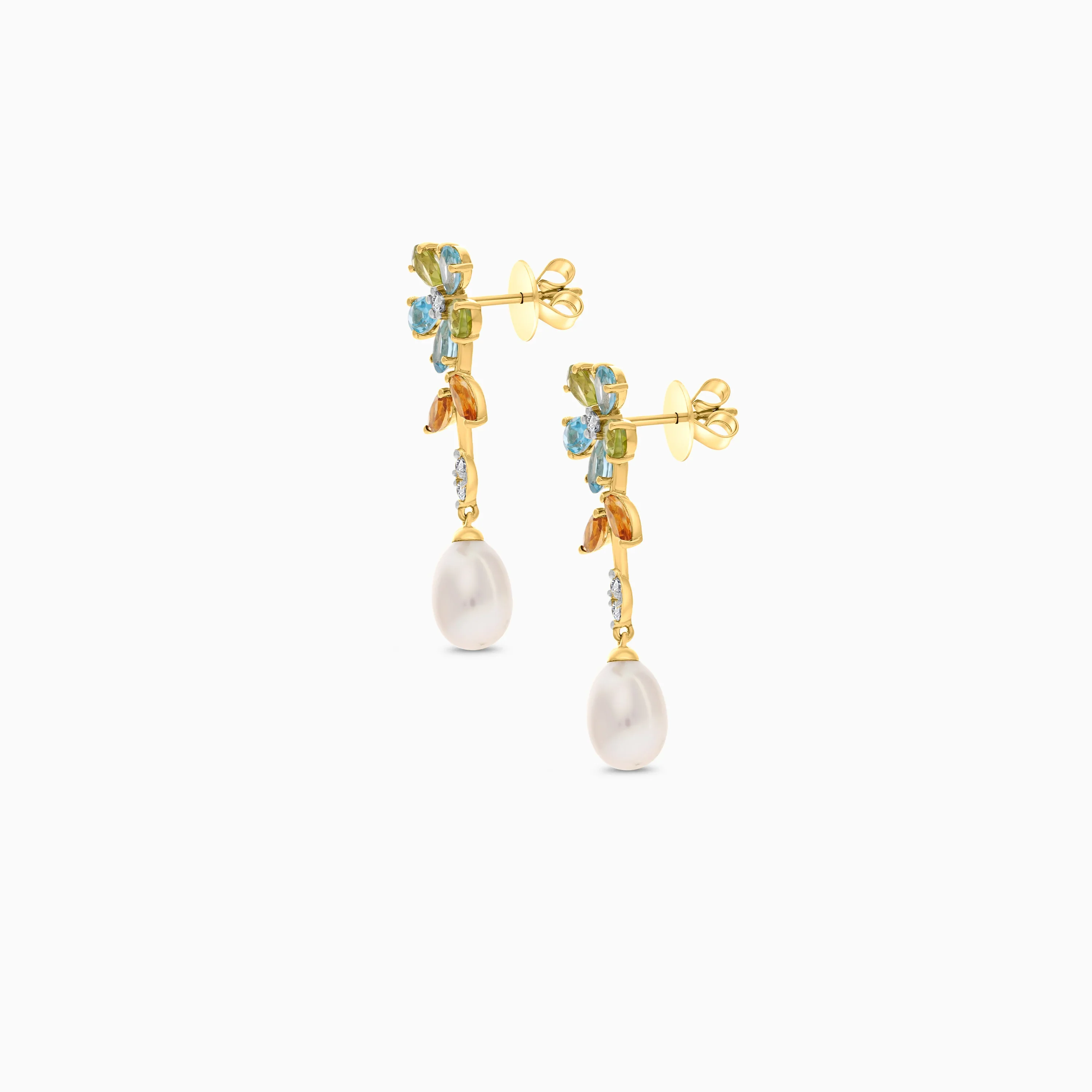18K Yellow Gold Multicolored Gemstone Flower Dangle Earrings with Diamonds and Pearl Drops - Danah Diamond Collection - Image 3