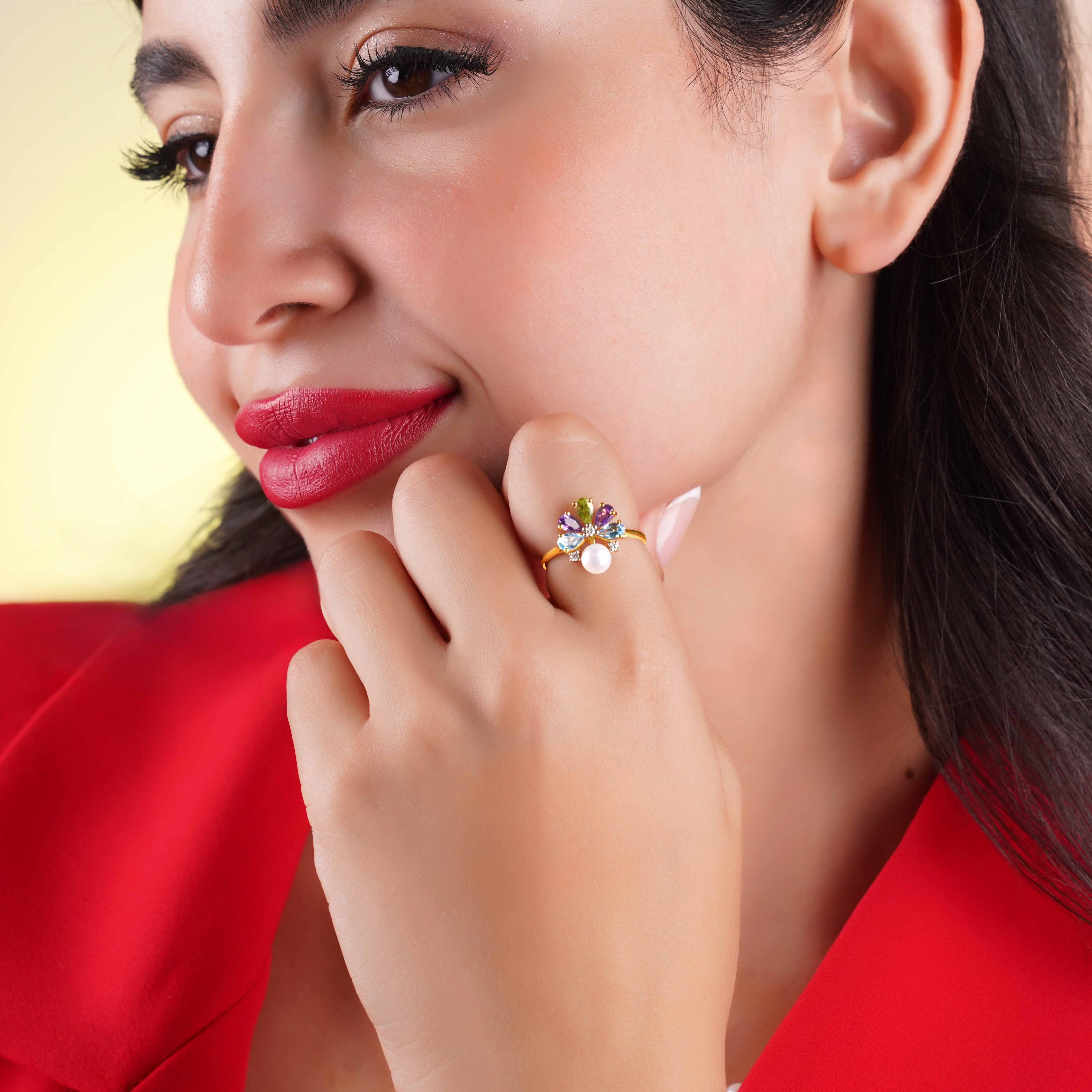 18K Yellow Gold Multicolored Gemstone Flower Ring with Natural Diamonds and Pearl - Danah Diamond Collection - Image 2