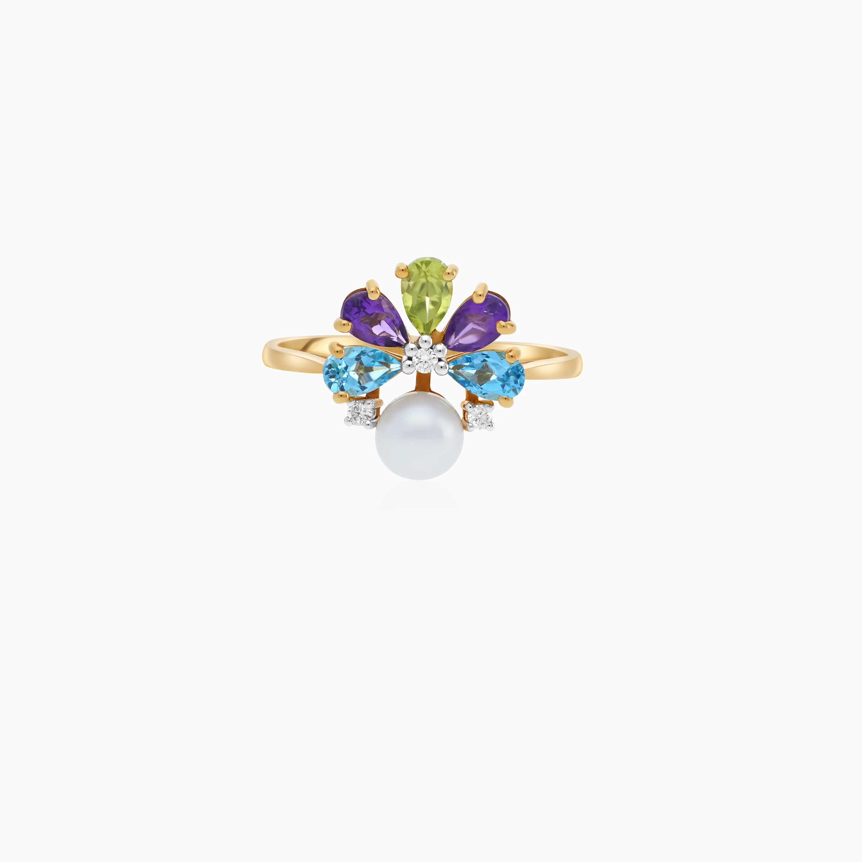 18K Yellow Gold Multicolored Gemstone Flower Ring with Natural Diamonds and Pearl - Danah Diamond Collection - Image 3