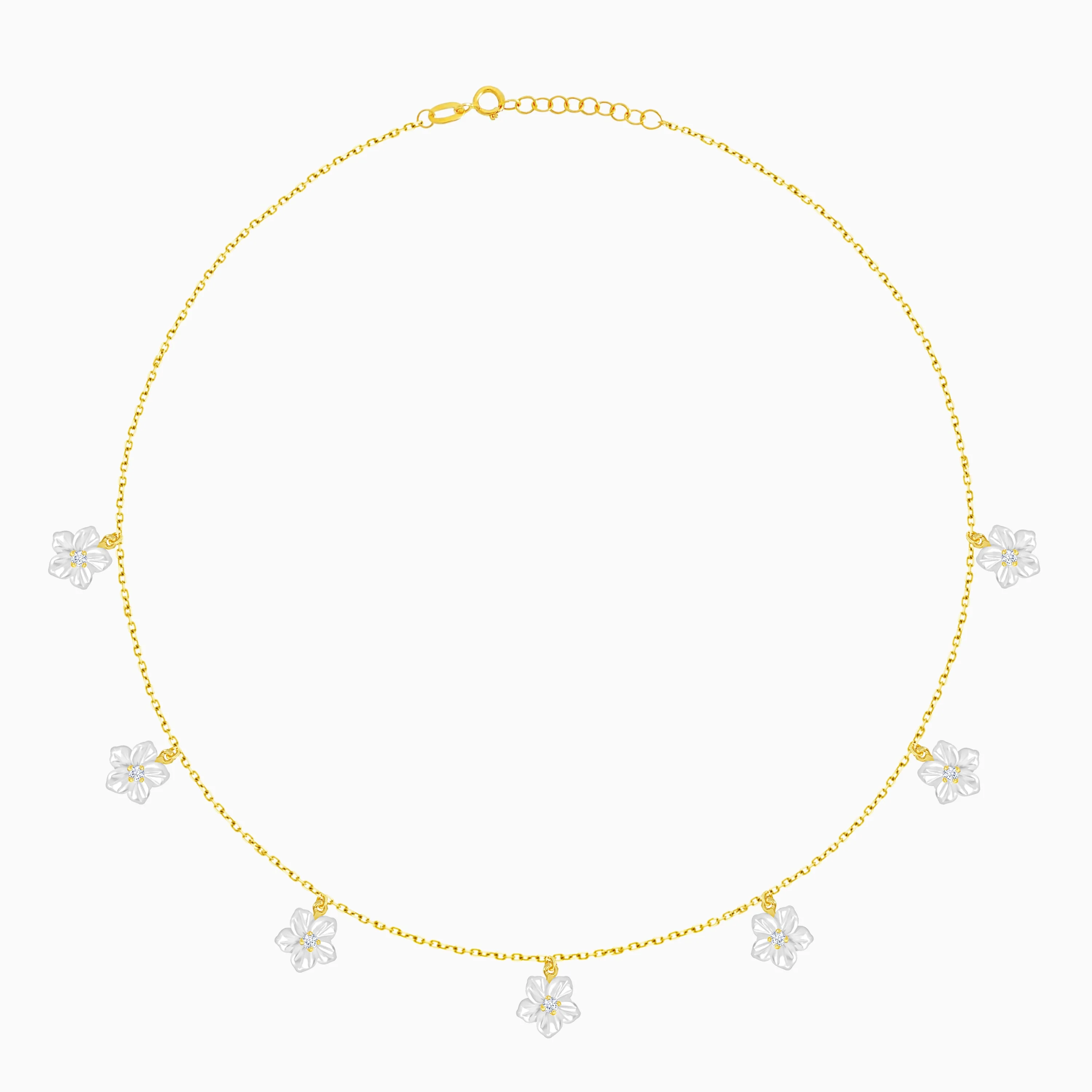 18K Yellow Gold Necklace Decorated with Mother of Pearl Flowers and Zircon Stones - Worood Collection - Image 3