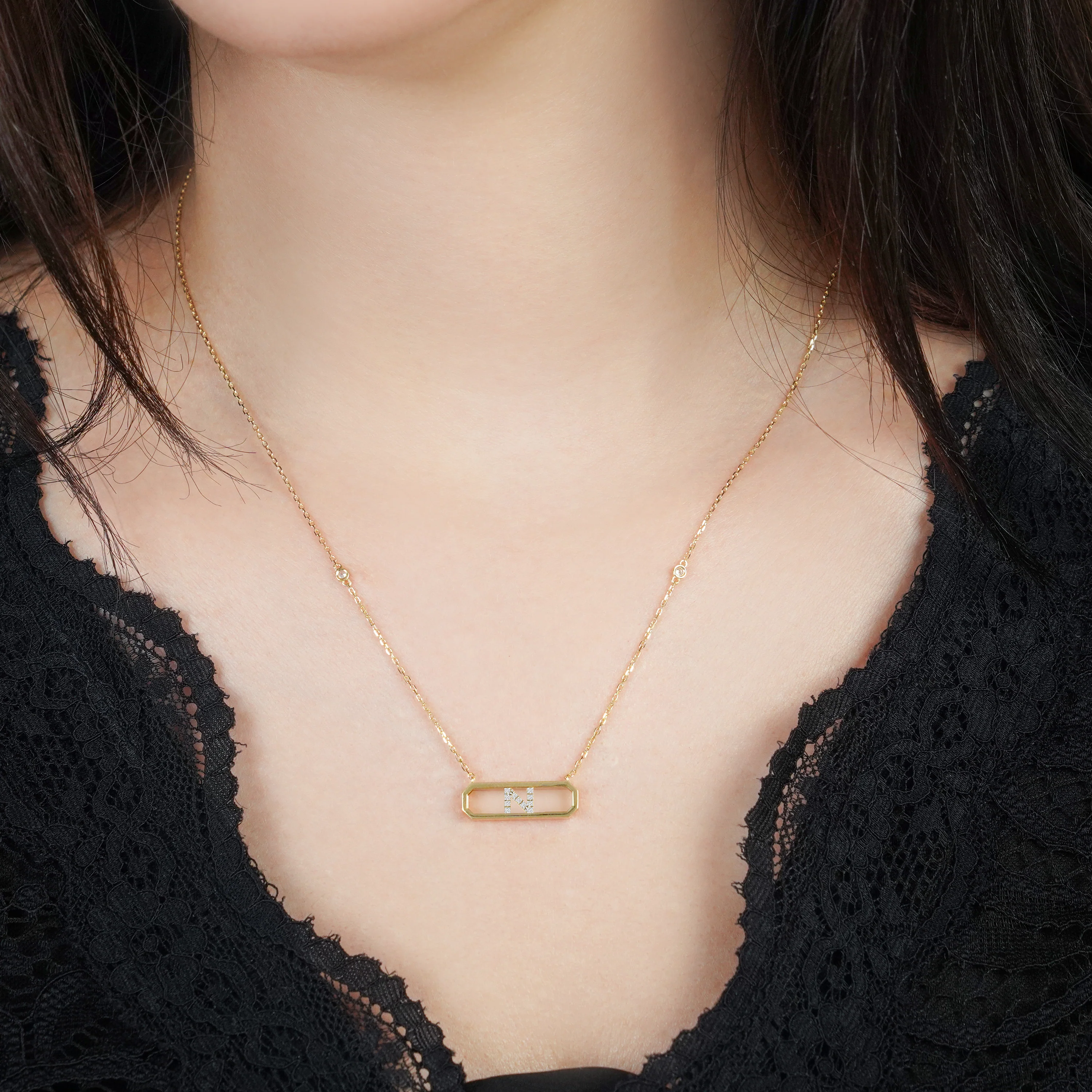 18k Yellow Gold Necklace Letter "N" with Diamonds | Alpha Collection - Image 3
