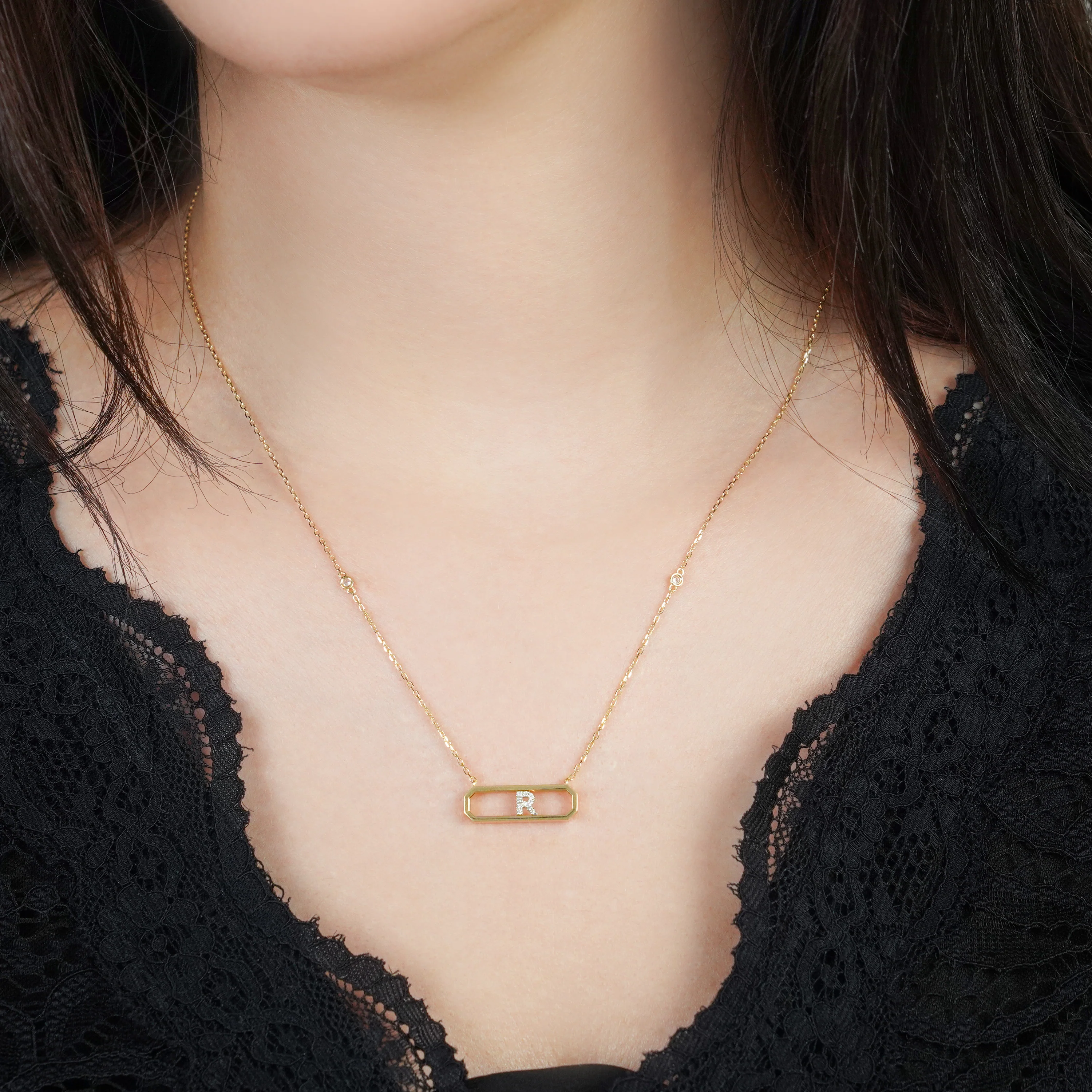 18k Yellow Gold Necklace Letter “R” with Diamonds | Alpha Collection - Image 3