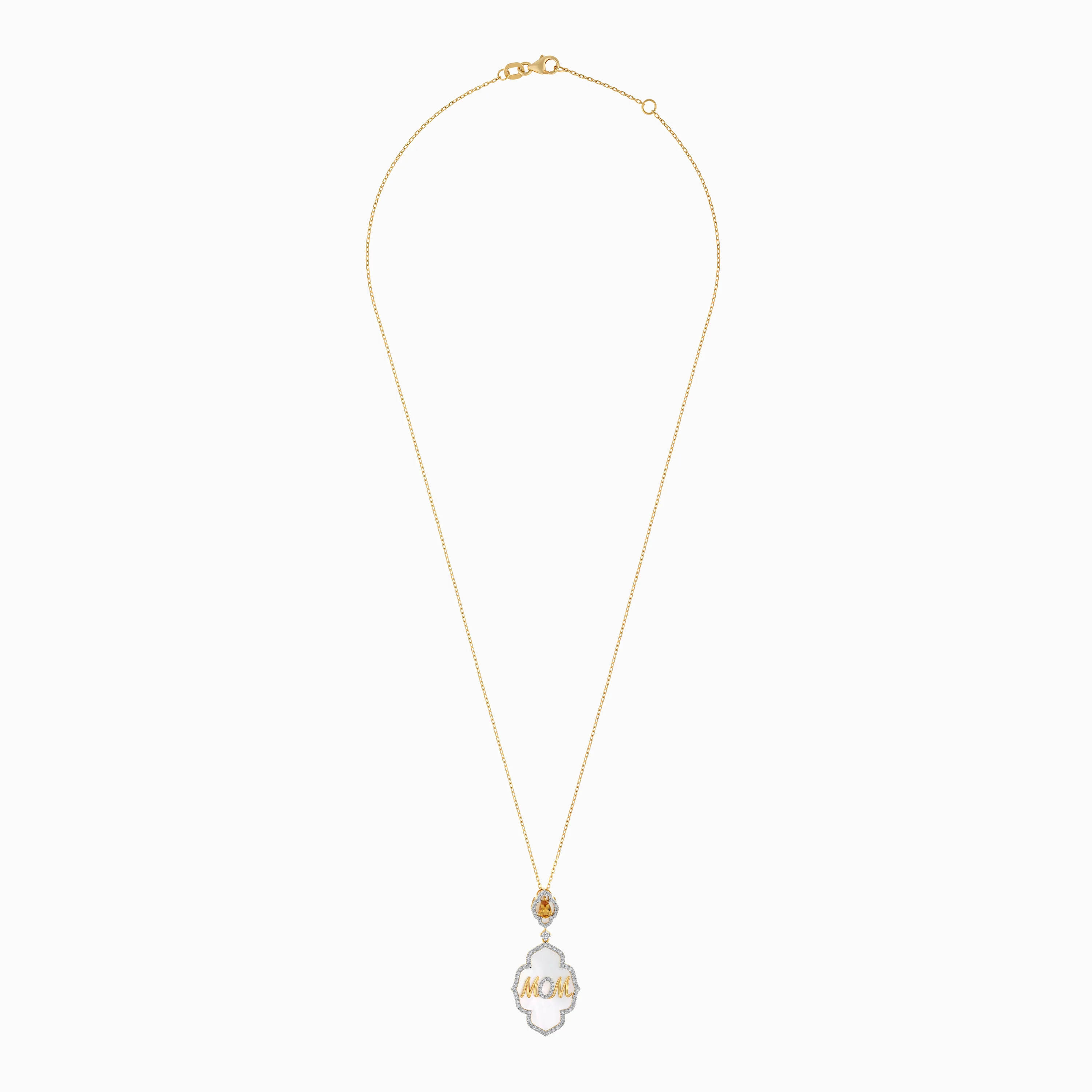 18k Yellow Gold Necklace " MOM" Pendant With Natural Diamonds, White MOP And Yellow Citrine - Image 2
