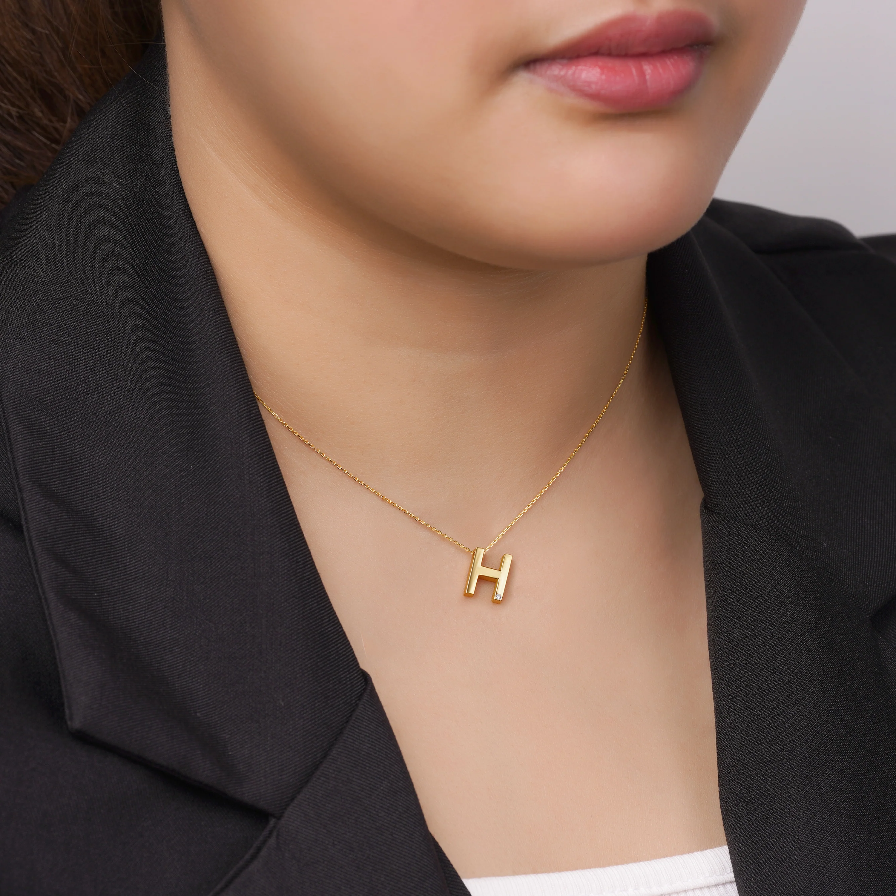 18k Yellow Gold Necklace with Letter “H” Decorated with Single Natural Diamond Stone | Alpha Collection - Image 2