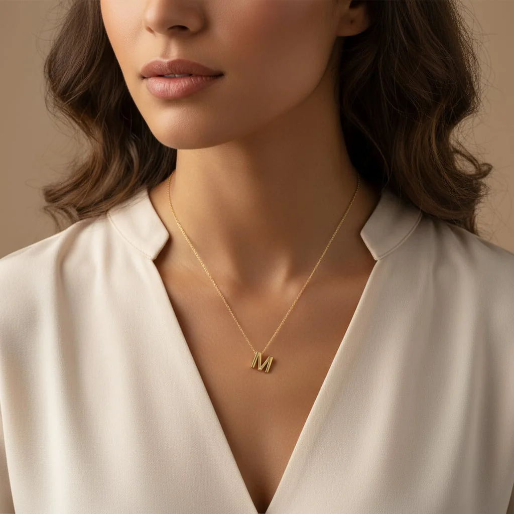 18k Yellow Gold Necklace with Letter “M” Decorated with Single Natural Diamond | Alpha Collection - Image 2