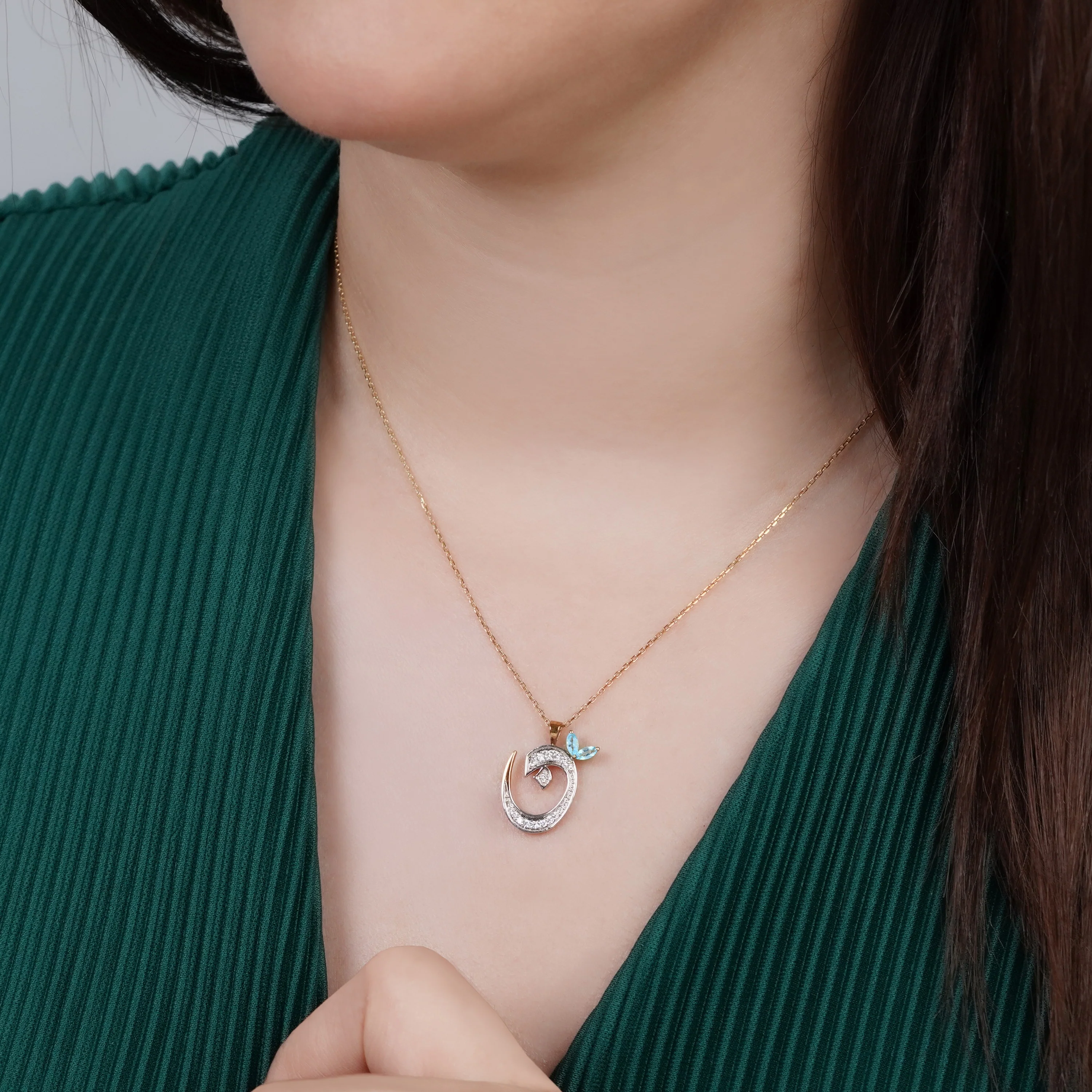 18k Yellow Gold 'Noon' Arabic Letter Necklace with Diamonds & Blue Topaz | Horoufi Diamond Collection - Image 2