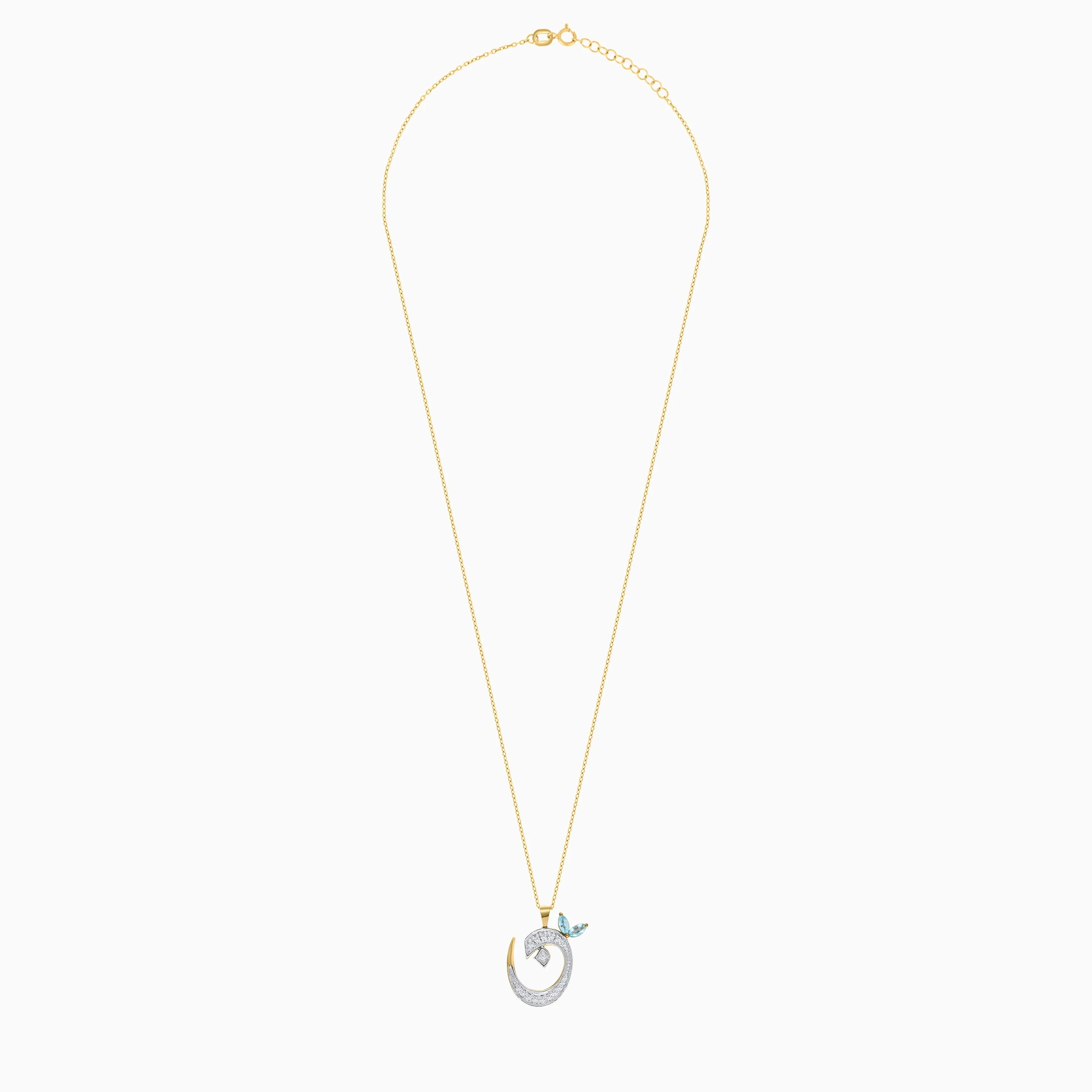 18k Yellow Gold 'Noon' Arabic Letter Necklace with Diamonds & Blue Topaz | Horoufi Diamond Collection - Image 3