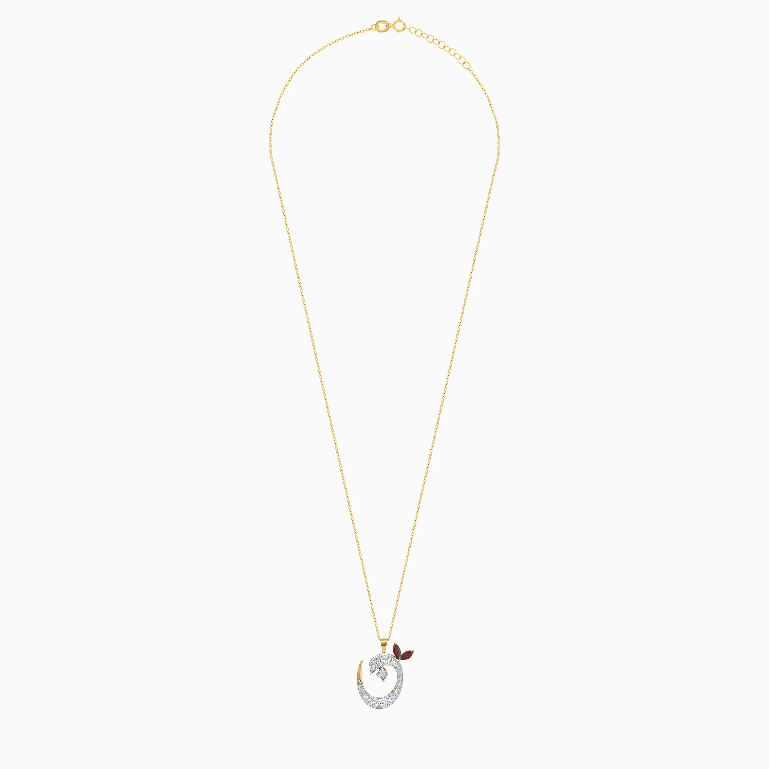 18k Yellow Gold 'Noon' Arabic Letter Necklace with Diamonds & Garnet | Horoufi Diamond Collection - Image 3