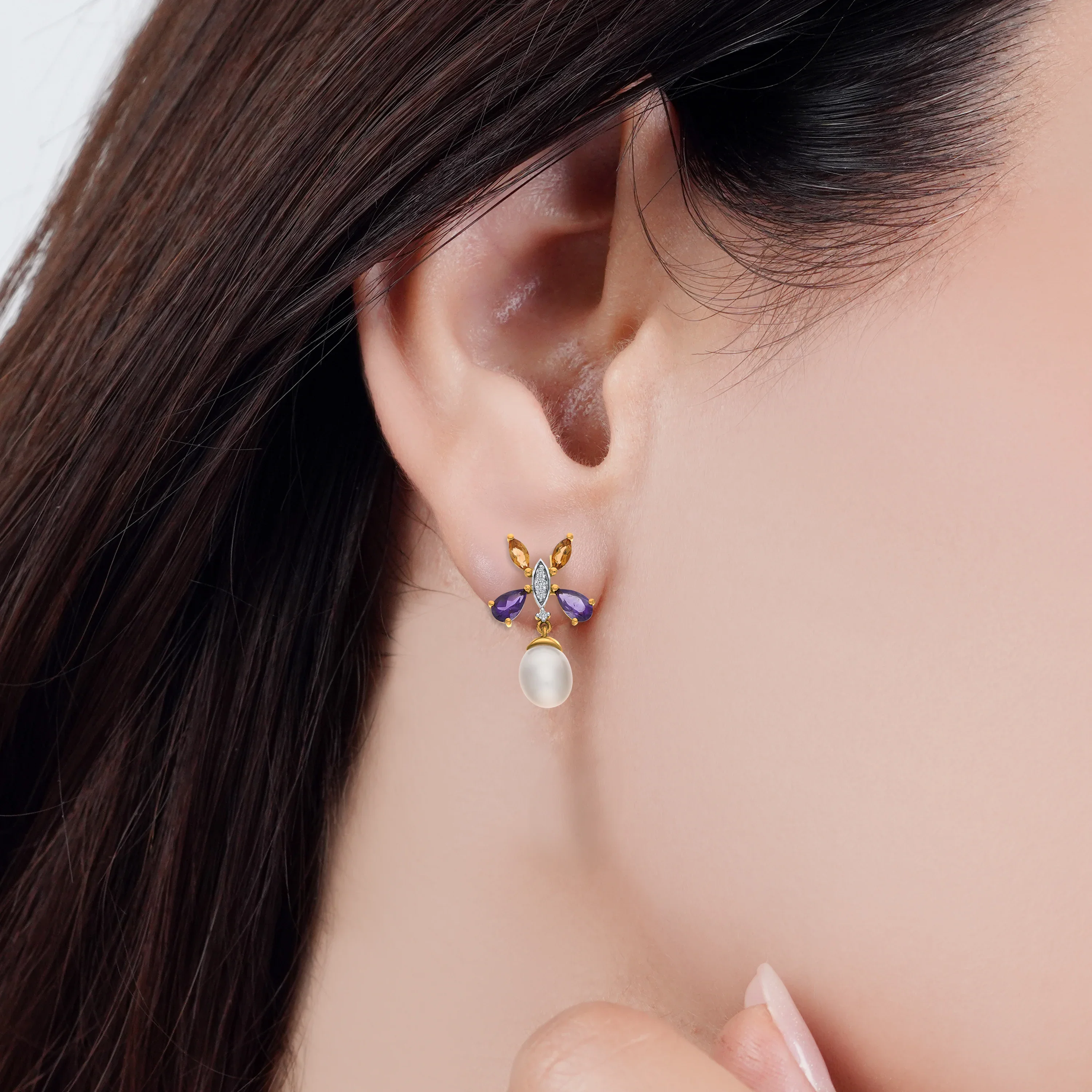 18K YELLOW GOLD PEARL EARRING WITH NATURAL DIAMOND & GEMSTONES - Image 2