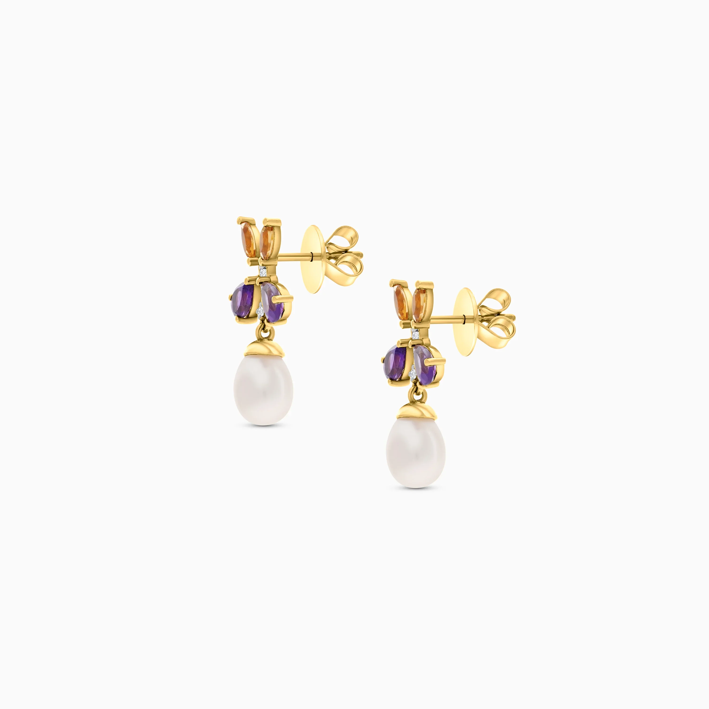 18K YELLOW GOLD PEARL EARRING WITH NATURAL DIAMOND & GEMSTONES - Image 3