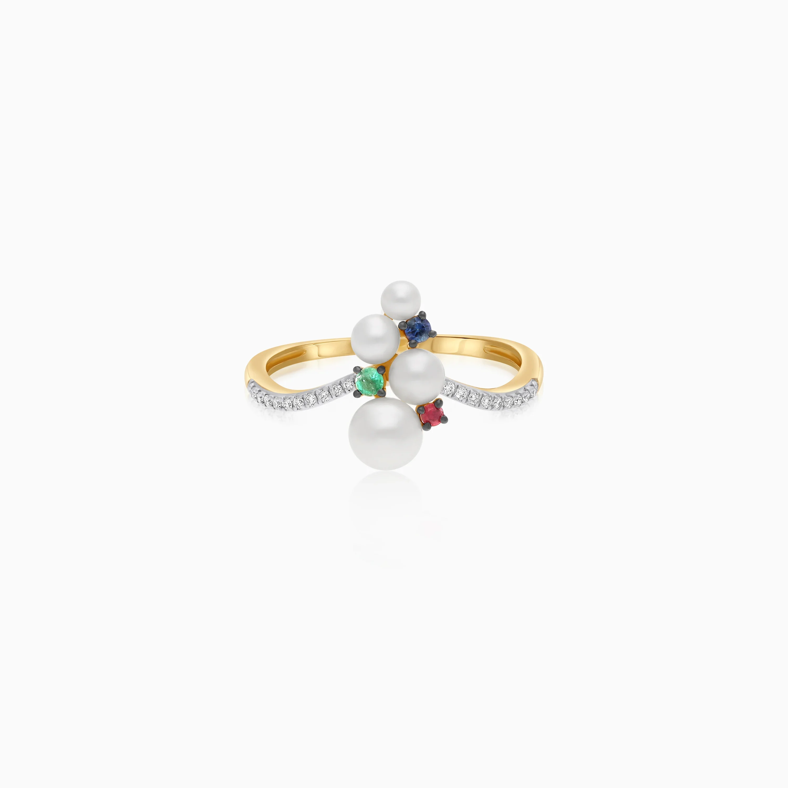 18k Yellow Gold Pearl & Natural Diamond Half Eternity Ring with Ruby, Emerald & Sapphire - Danah Diamond Collection - Image 2
