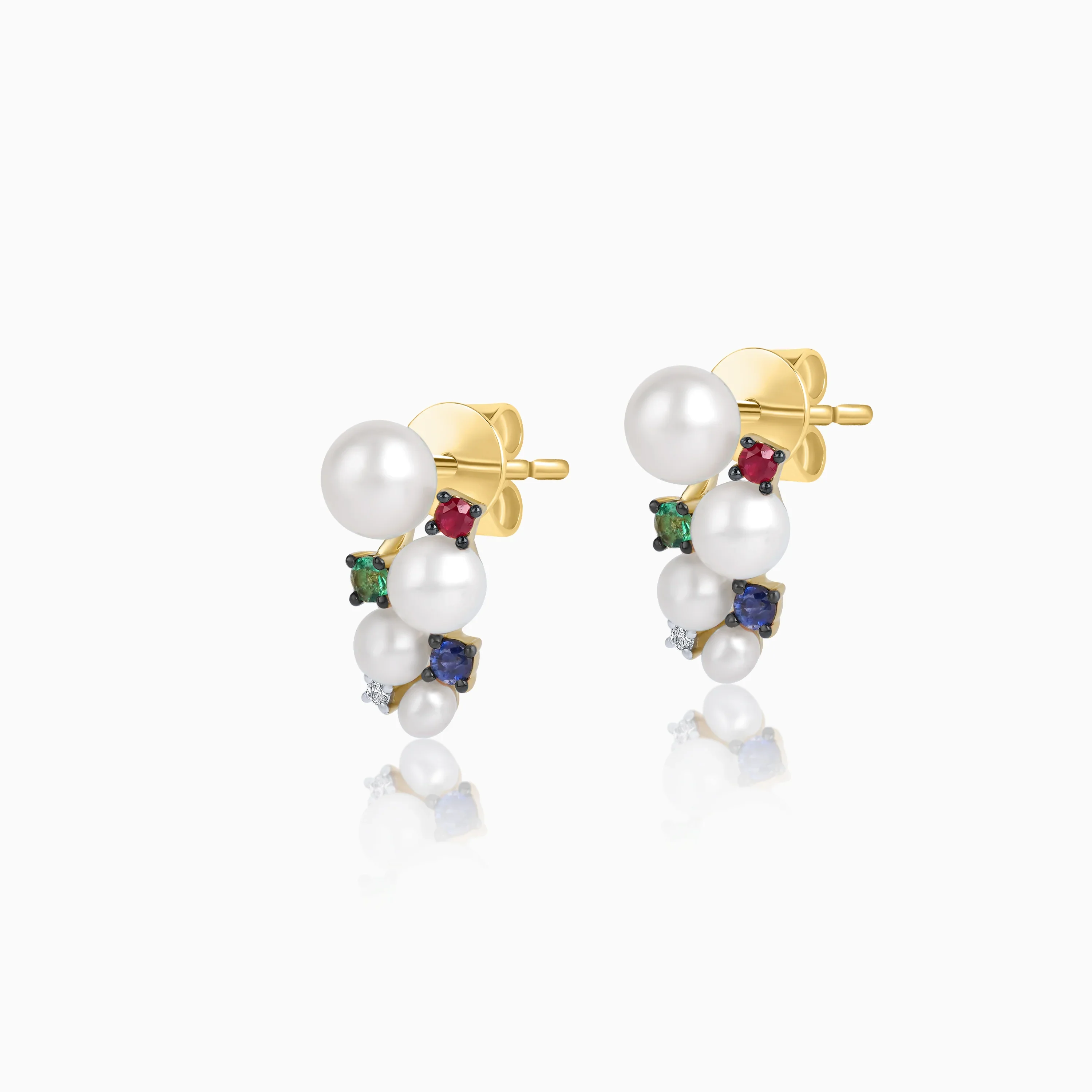 18k Yellow Gold Pearl & Natural Diamond Stud Earrings with Ruby, Emerald & Sapphire - Danah Diamond Collection - Image 2