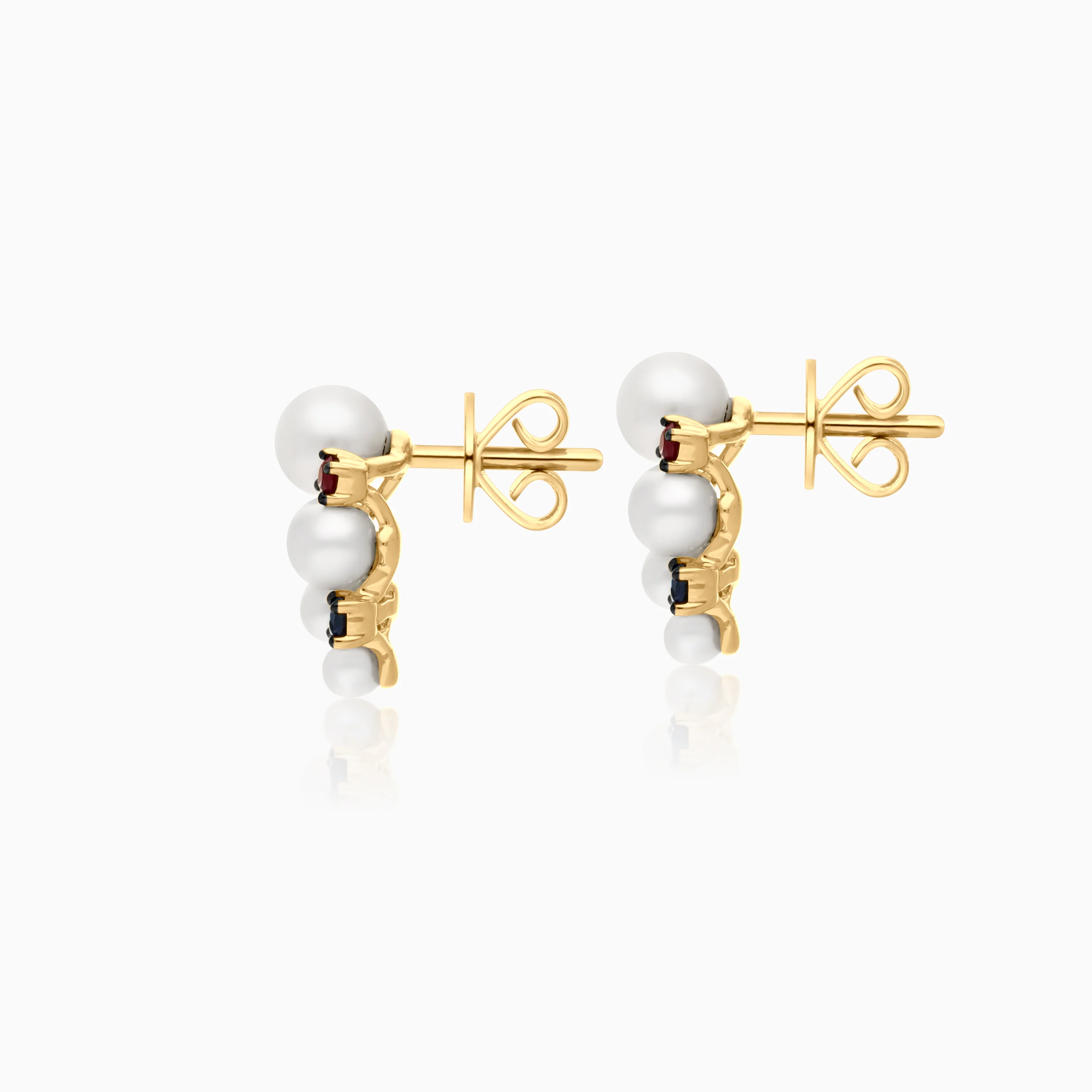 18k Yellow Gold Pearl & Natural Diamond Stud Earrings with Ruby, Emerald & Sapphire - Danah Diamond Collection - Image 3
