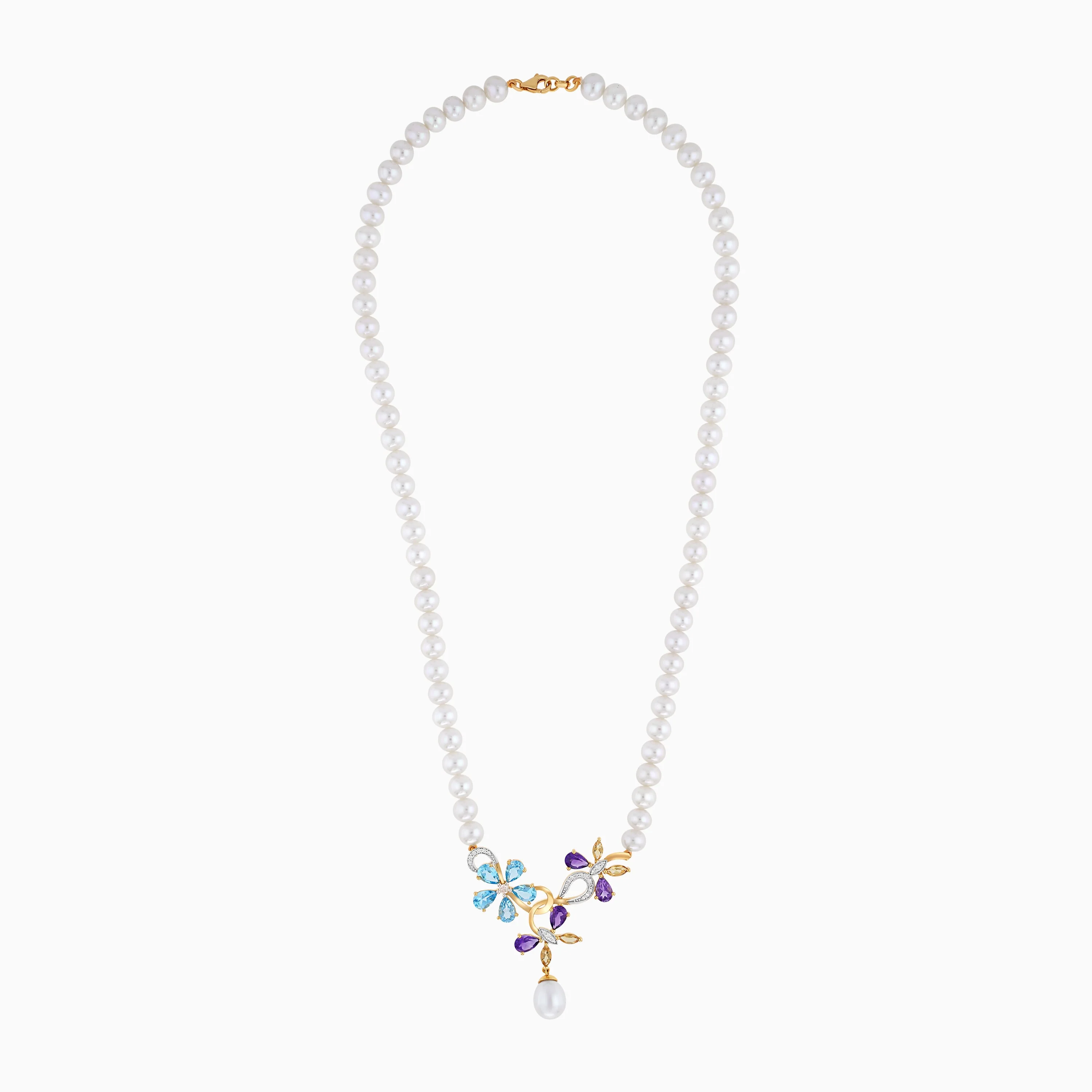 18K Yellow Gold Pearl Necklace with Flower-Shaped Diamond & Gemstone Pendant – Danah Collection - Image 3