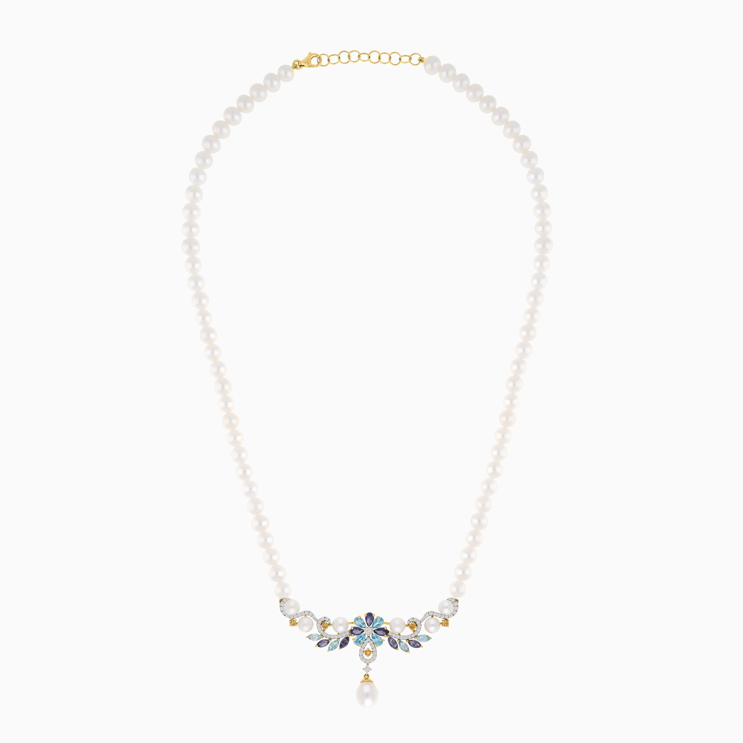 18K Yellow Gold Pearl Necklace with Natural Diamonds and Gemstones | Danah Collection - Image 3