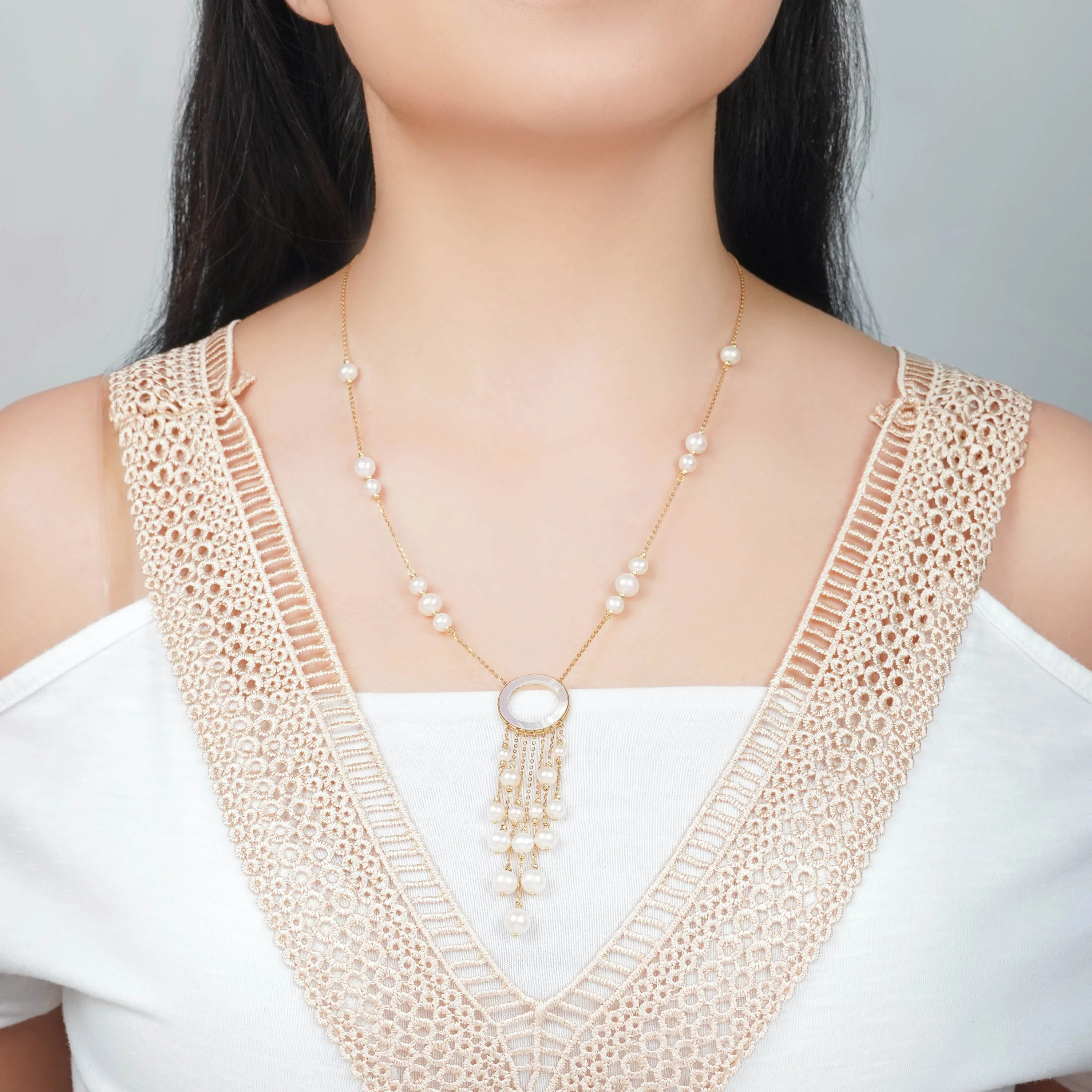 Elegant 18k Yellow Gold Pearl Necklace with Pendant | Danah Collection - Image 2