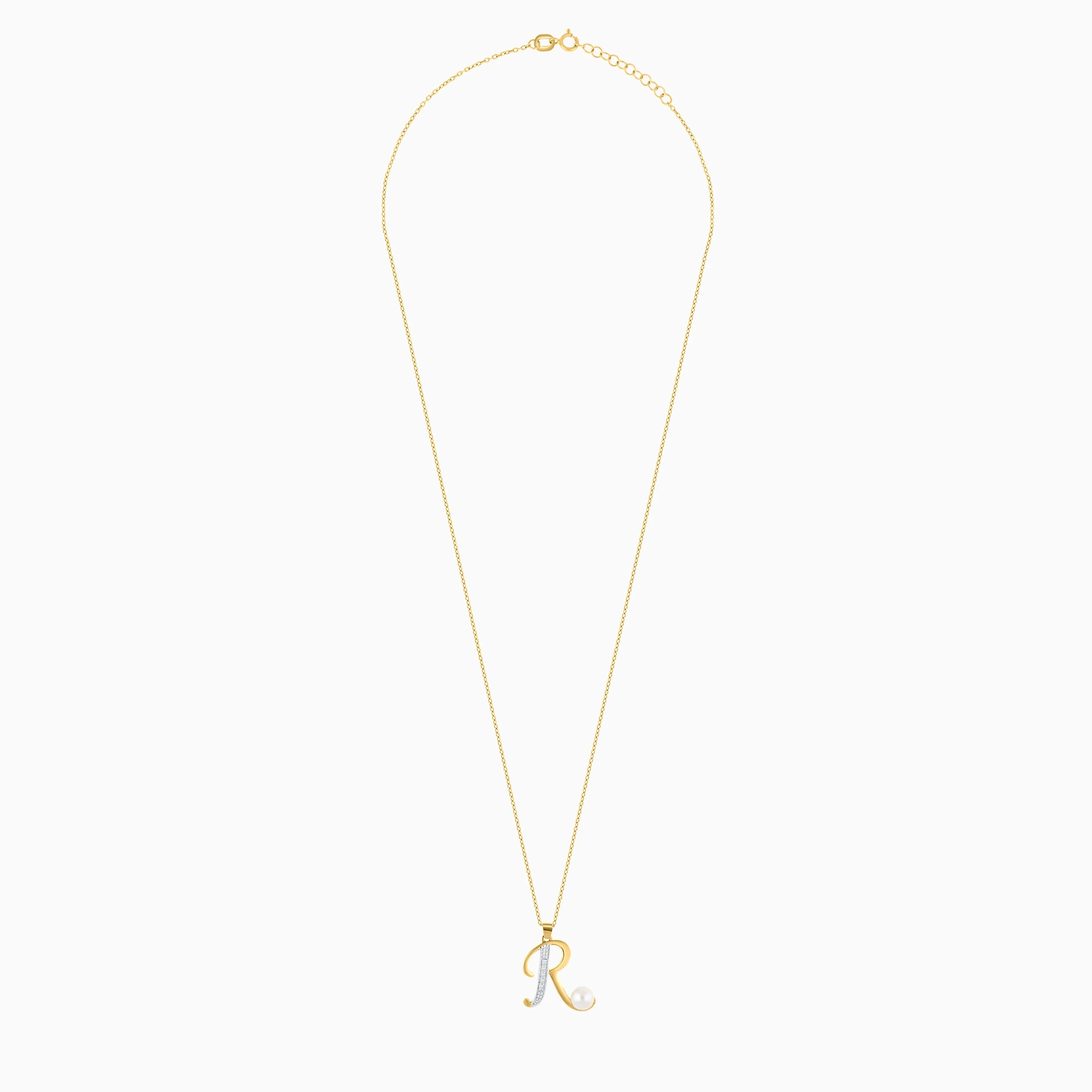 18k Yellow Gold 'R' Letter Necklace With Natural Diamond and Pearl | Alpha Collection - Image 3