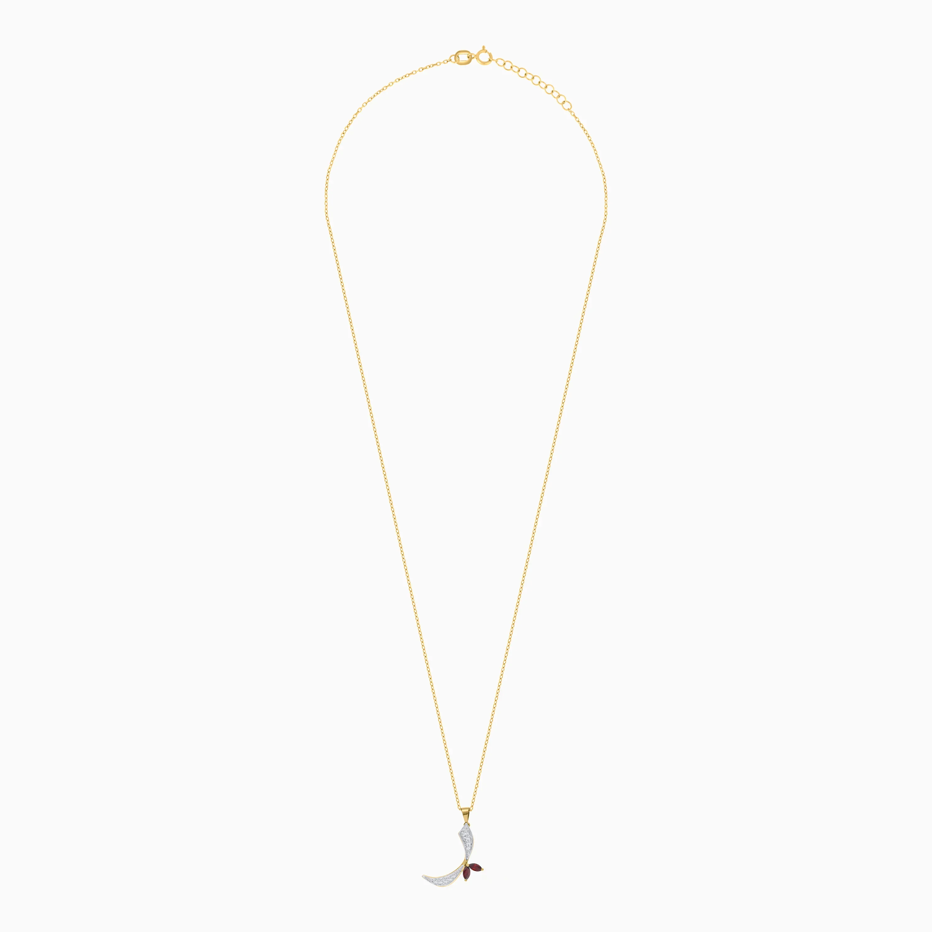 18k Yellow Gold 'Raa' Arabic Letter Necklace with Natural Diamonds & Garnet | Horoufi Diamond Collection - Image 3