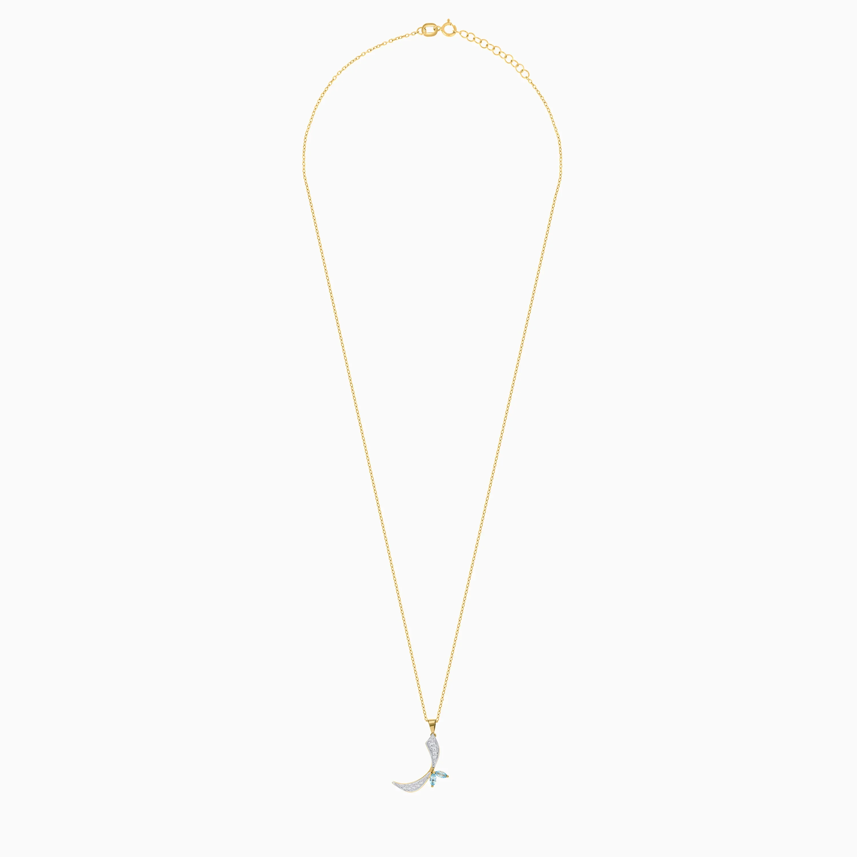 18K Yellow Gold 'Raa' Arabic Letter Necklace with Natural Diamonds & Blue Topaz | Horoufi Diamond Collection - Image 3