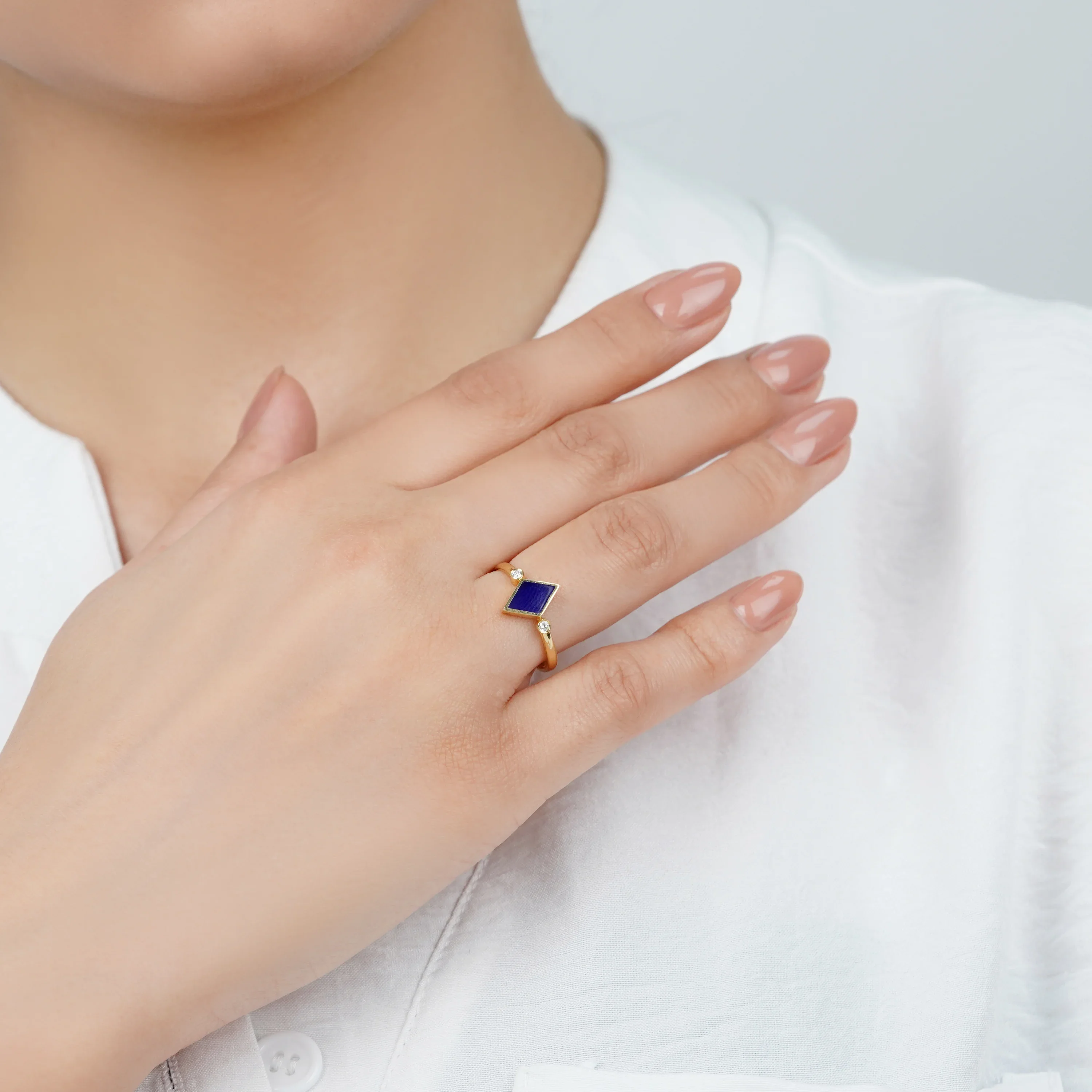 18K Yellow Gold Ring with Dark Blue Enamel & Natural Diamonds | Alwan Collection - Image 2