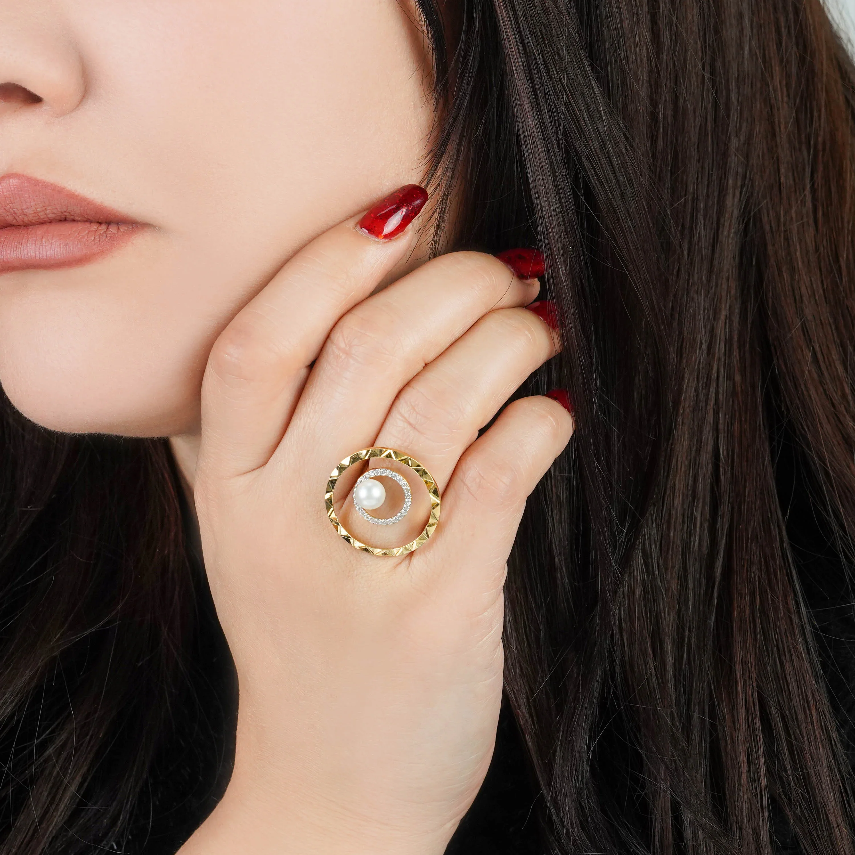 18k Yellow Gold Pearl & Zircon Ring | Danah Collection - Image 2