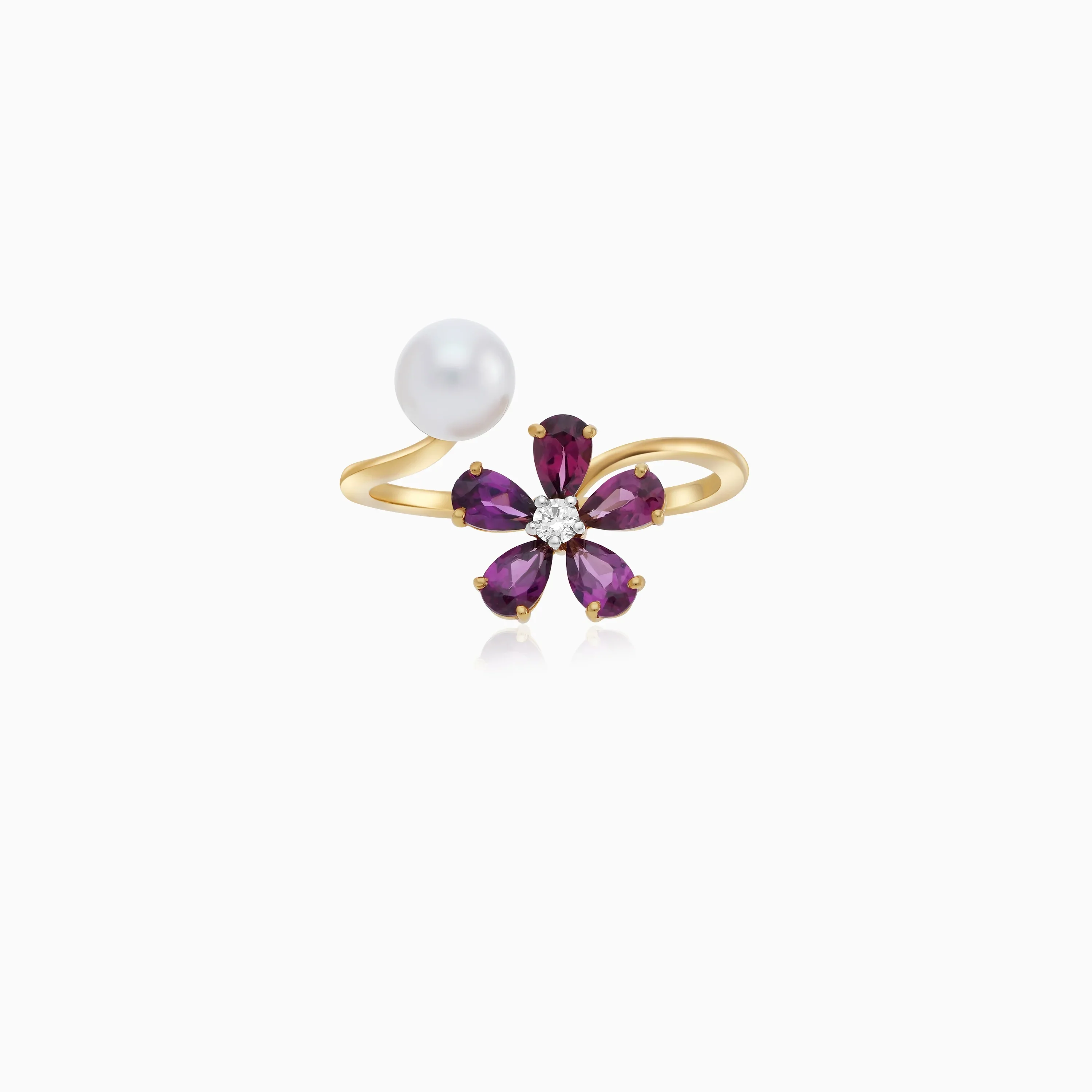 18K Yellow Gold Open Flower Ring with Diamonds, Gemstones & Single Pearl – Danah Collection - Image 3