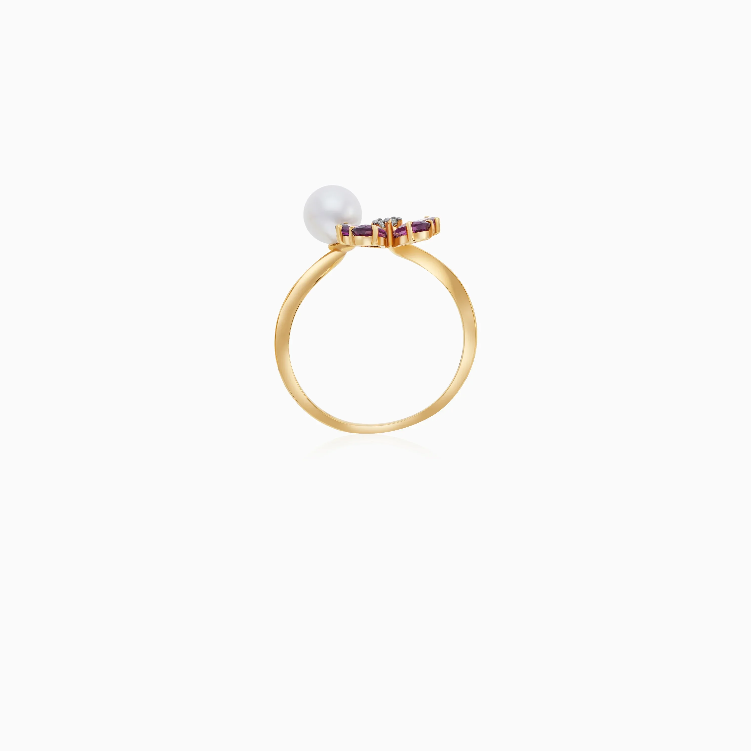 18K Yellow Gold Open Flower Ring with Diamonds, Gemstones & Single Pearl – Danah Collection - Image 4
