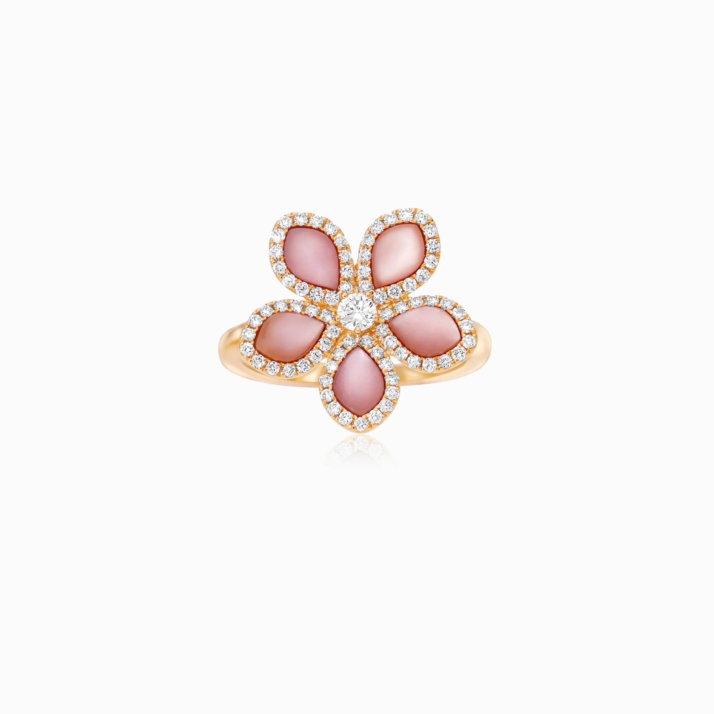 18K Yellow Gold Flower Ring with Natural Diamonds and Pink Mother of Pearl – Mosaic Collection - Image 3