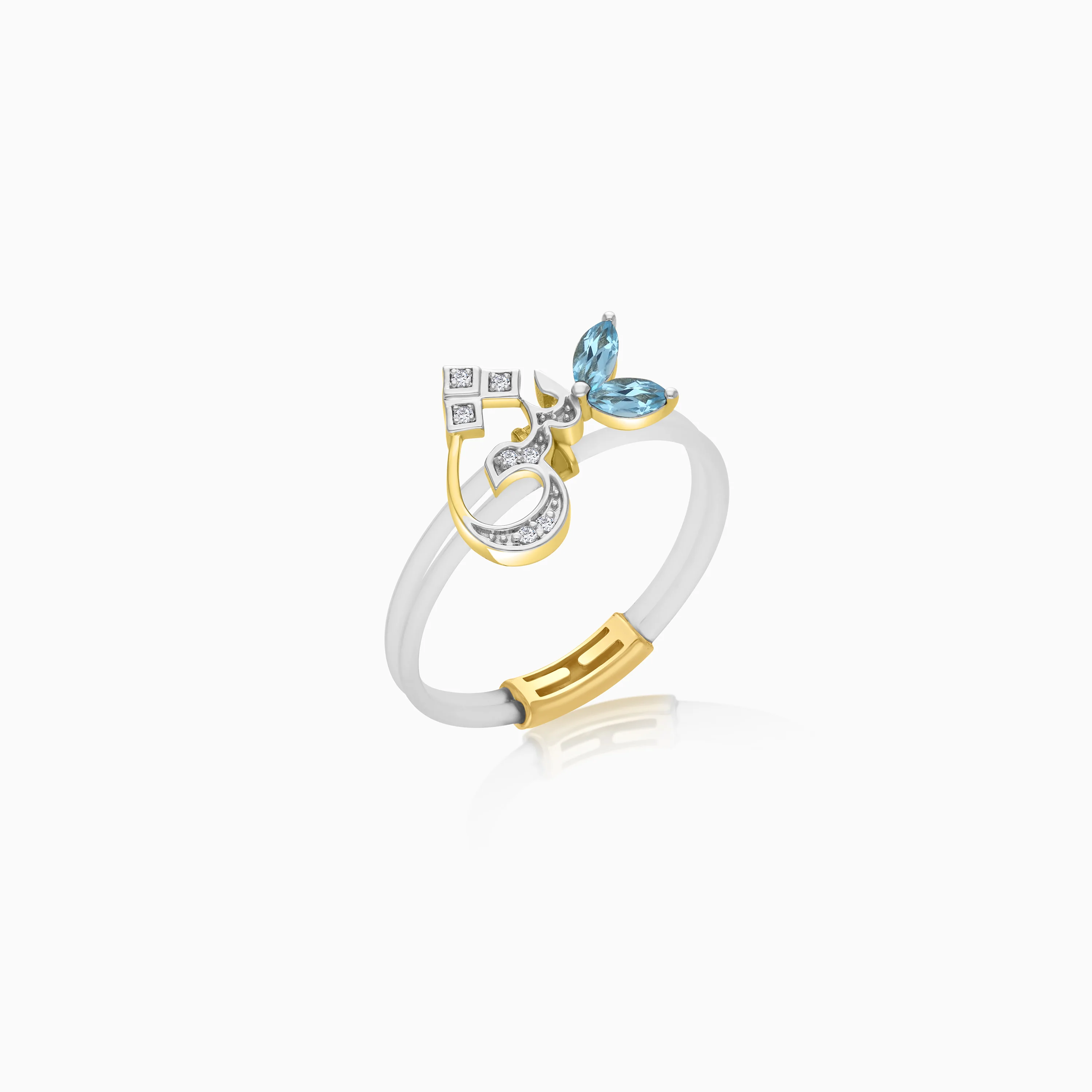 18K Gold Arabic Letter Sheen Ring with Natural Diamonds and Gemstones - Image 3