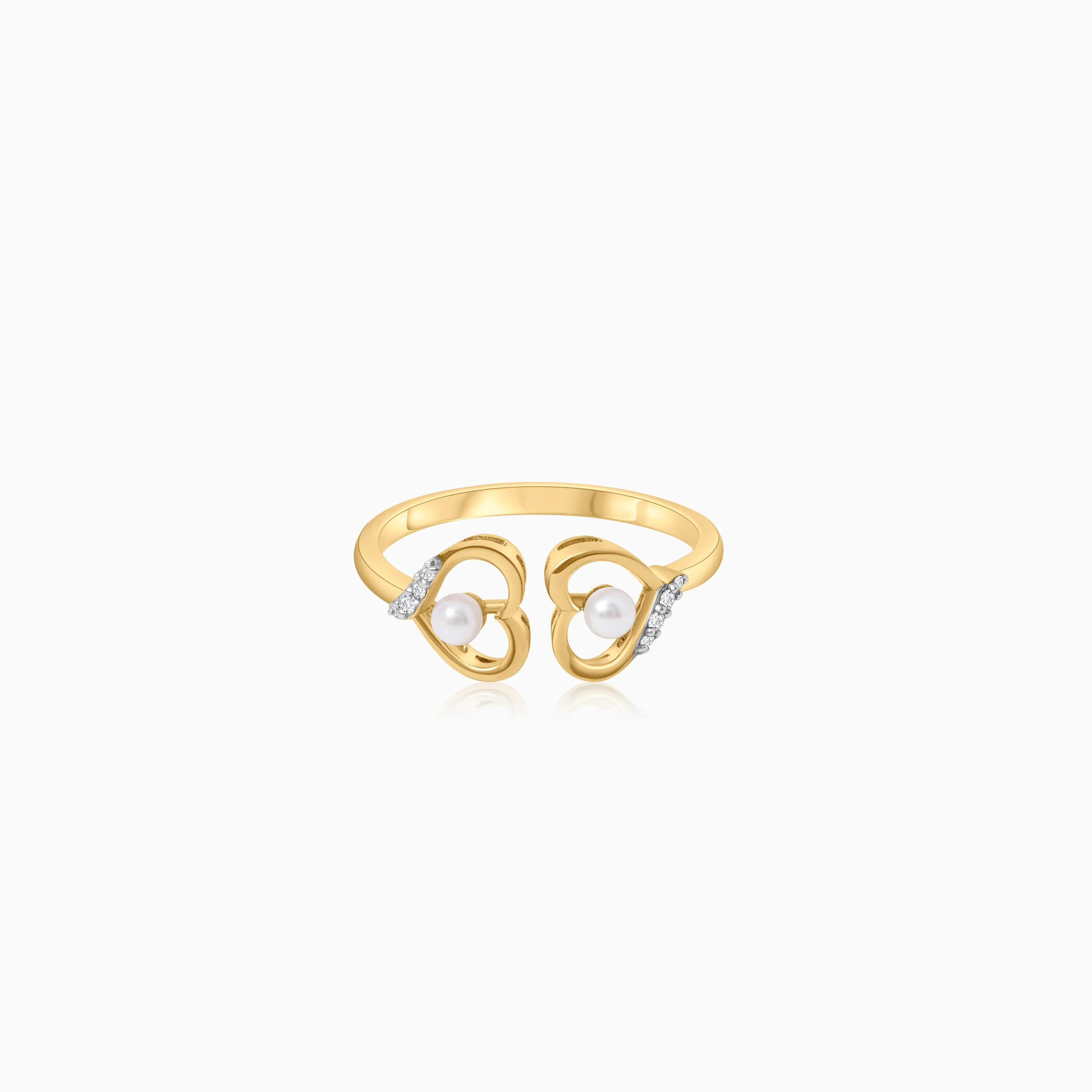 18k Yellow Gold Dual Heart Ring with Natural Diamonds & Pearls - Image 3