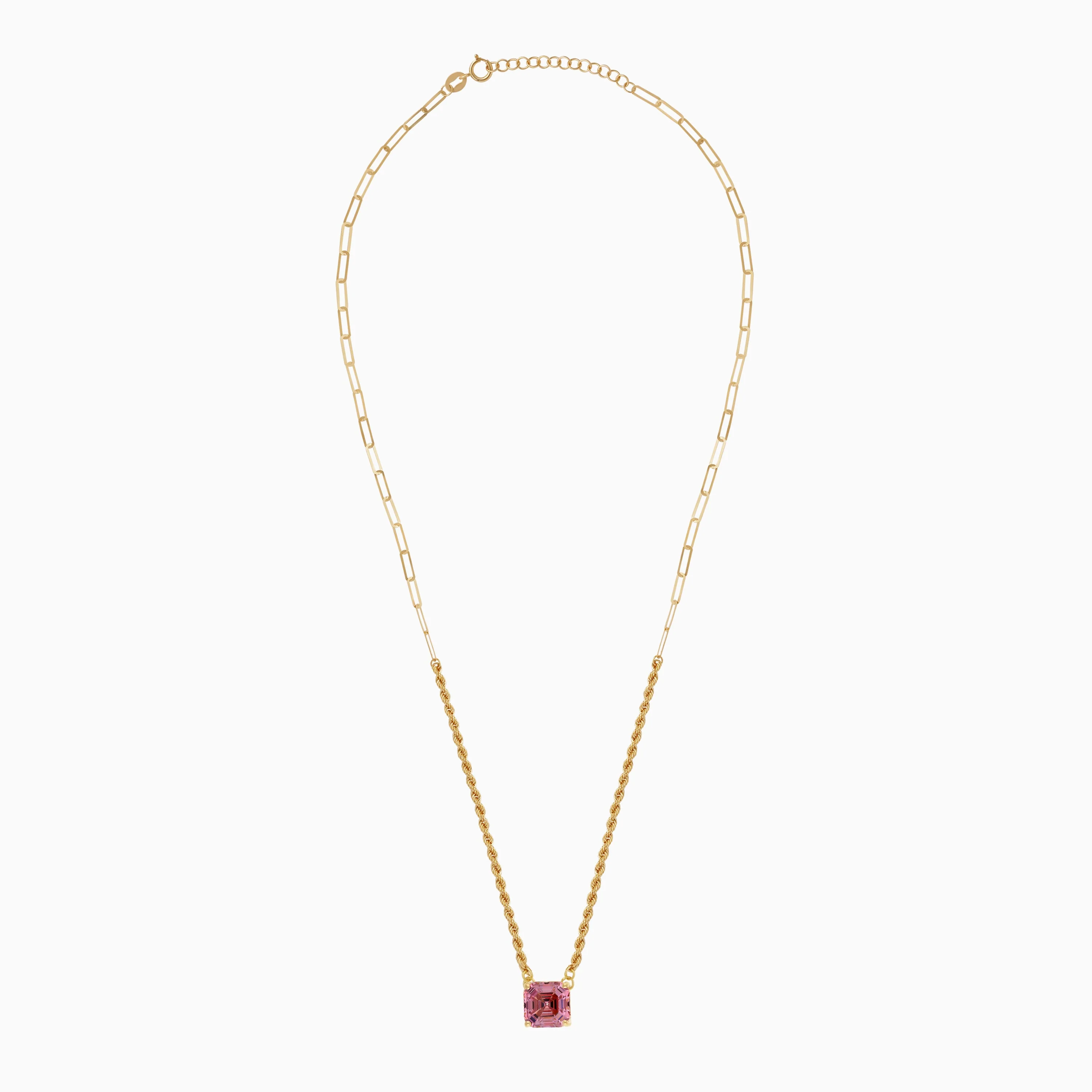 18k Yellow Gold Paperclip & Rope Necklace with Pink Asscher Swarovski Zirconia - Image 2