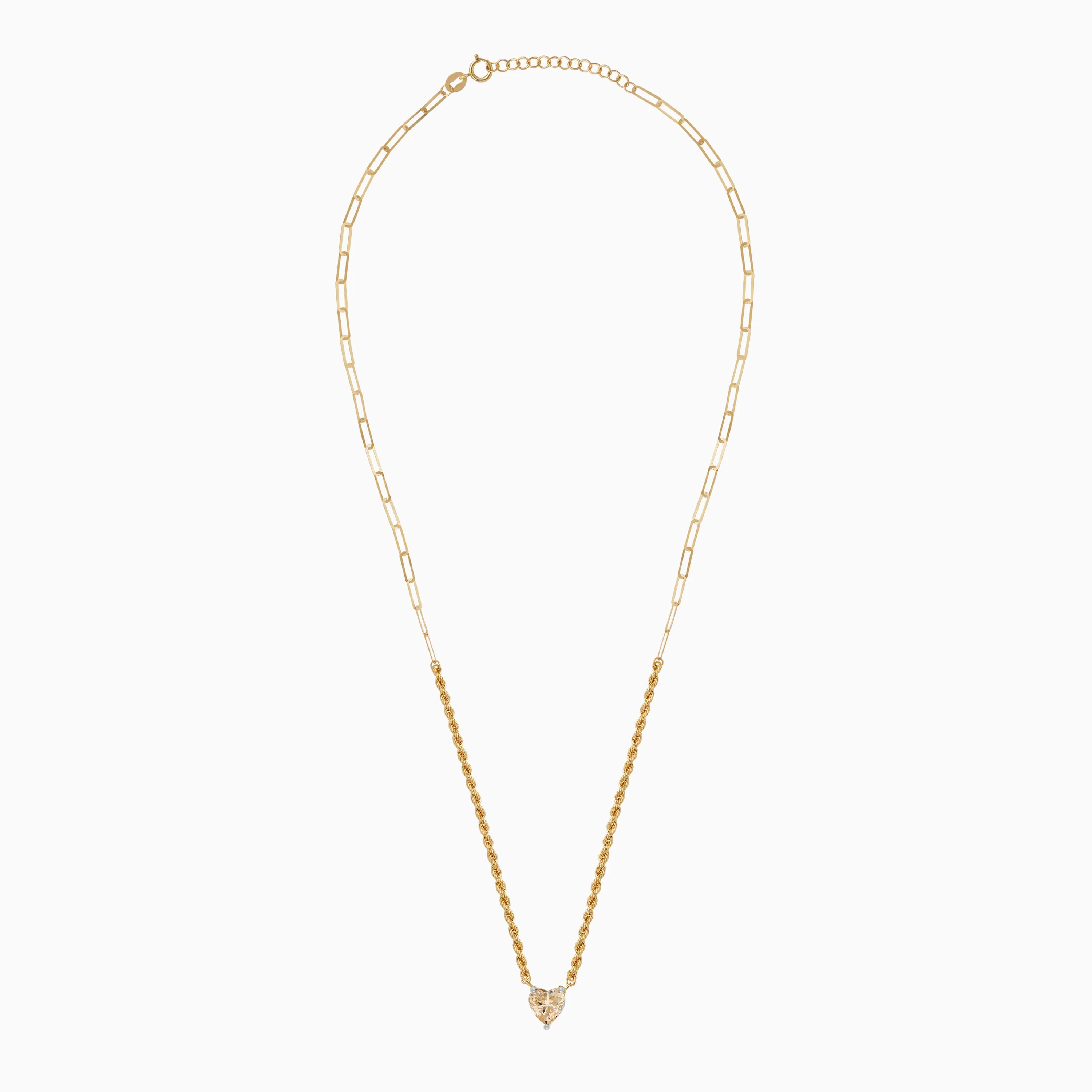 18k Yellow Gold Paperclip & Rope Necklace with Yellow Swarovski Zirconia Heart - Image 2