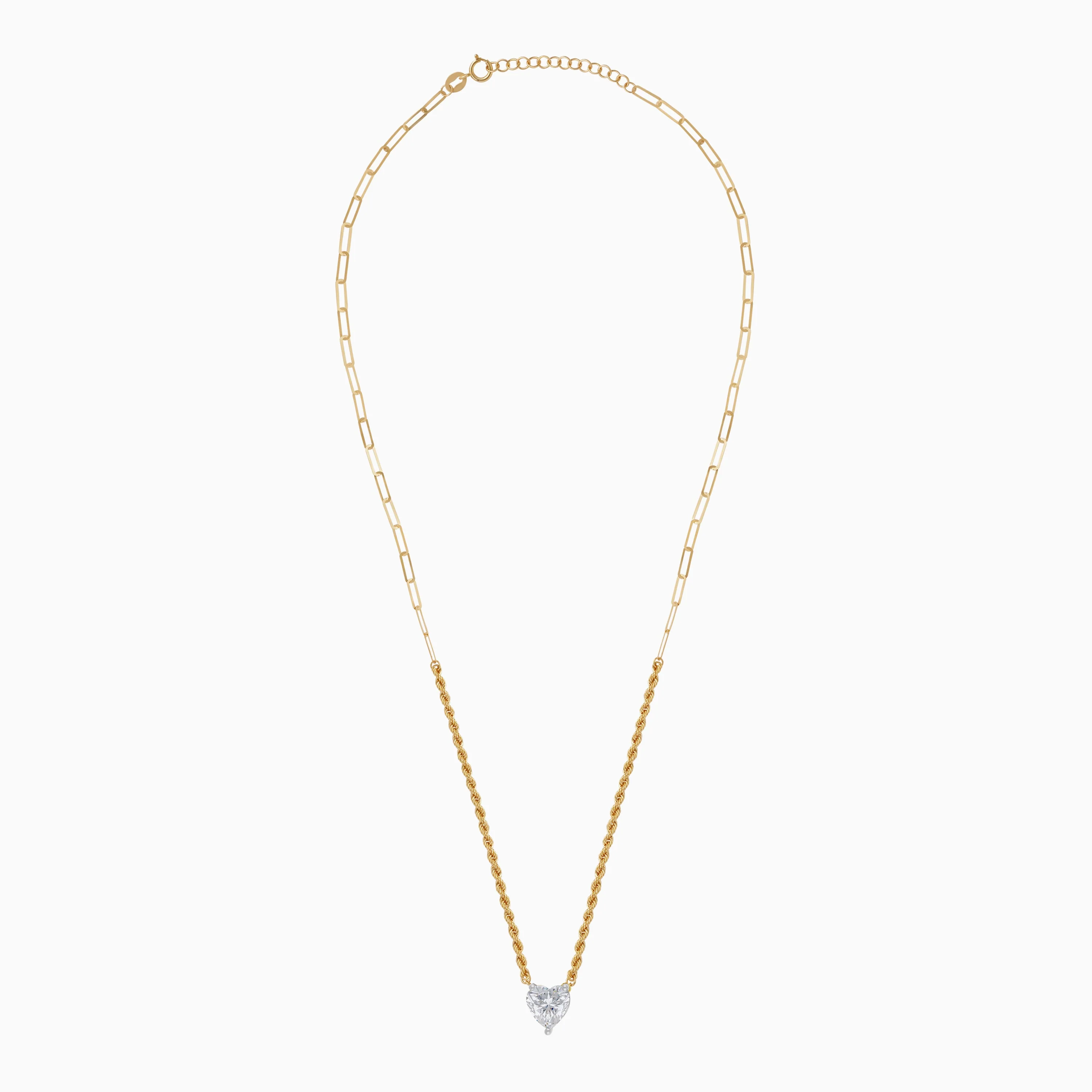 18k Yellow Gold Paperclip & Rope Necklace with Clear Swarovski Zirconia Heart - Image 2