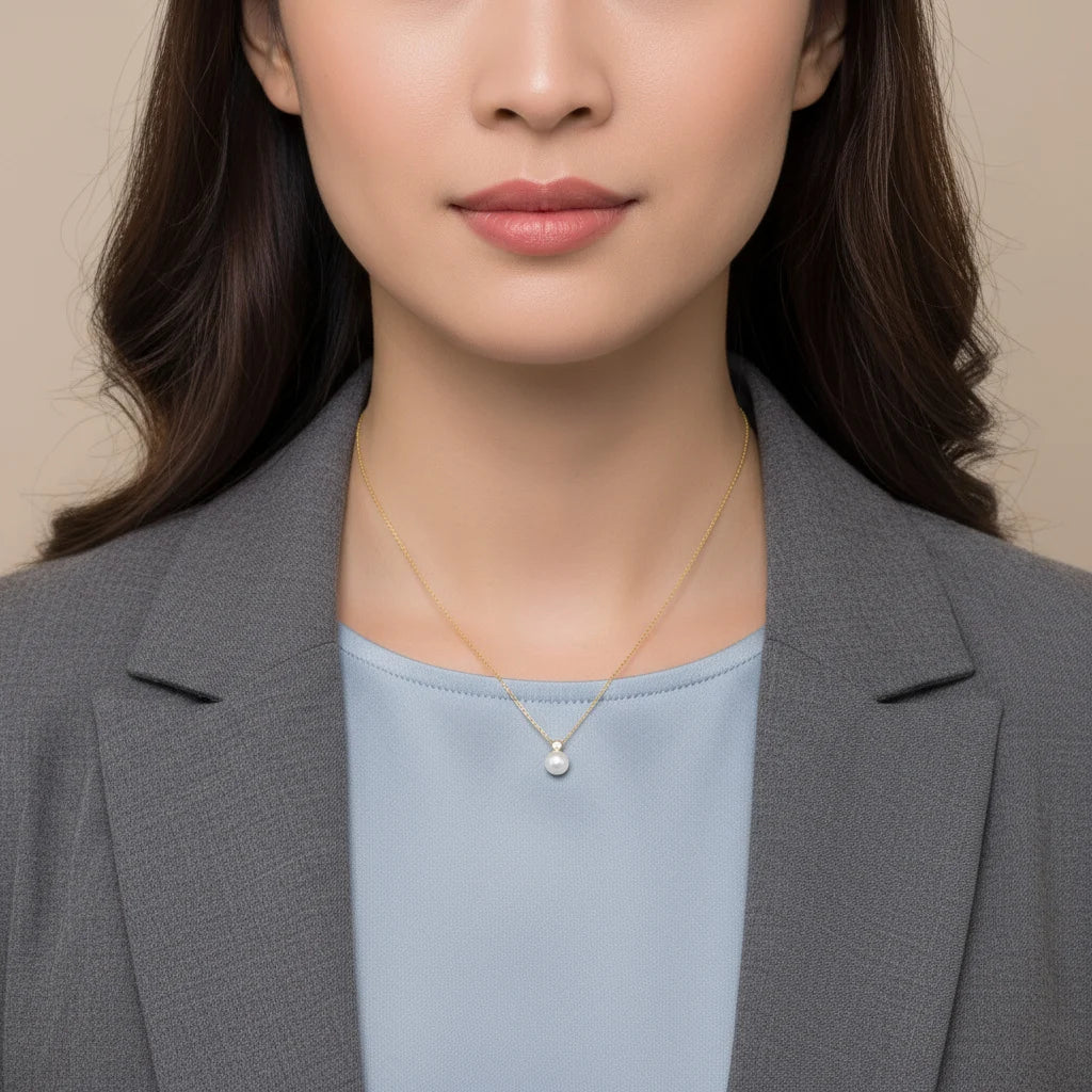 18k Yellow Gold Single Pearl Necklace with Bezel-Set Diamond Accent | Danah Diamond Collection - Image 2