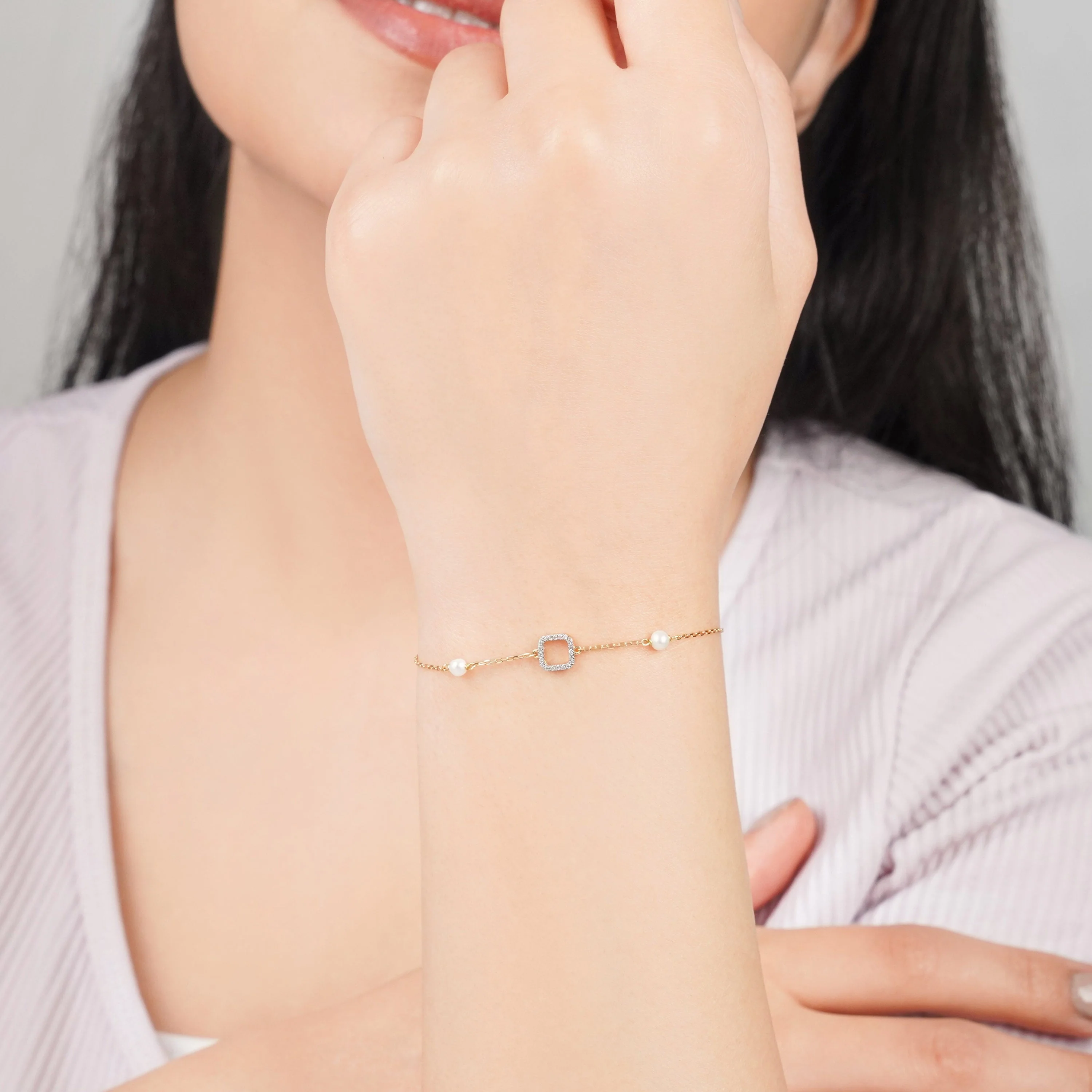 18K Yellow Gold Square Diamond and Twin Pearl Bracelet - Danah Diamond Collection - Image 2